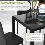 Zaya 5-Piece Rectangular Glass Kitchen Table and Chairs with Metal Frame and Faux Leather Upholstery for Dining Room, Black