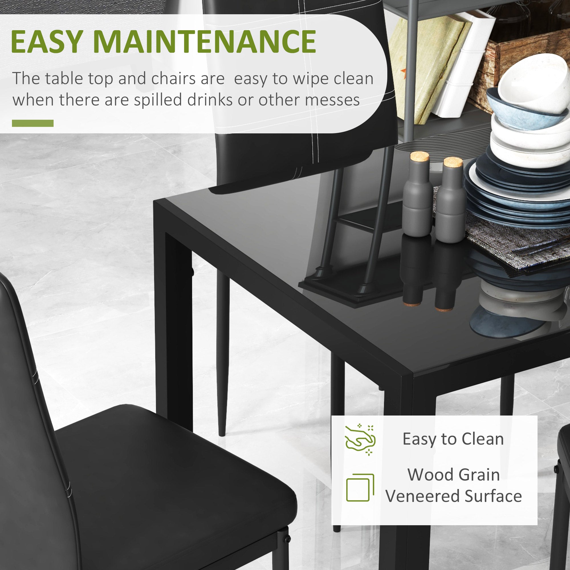 Zaya 5-Piece Rectangular Glass Kitchen Table and Chairs with Metal Frame and Faux Leather Upholstery for Dining Room, Black