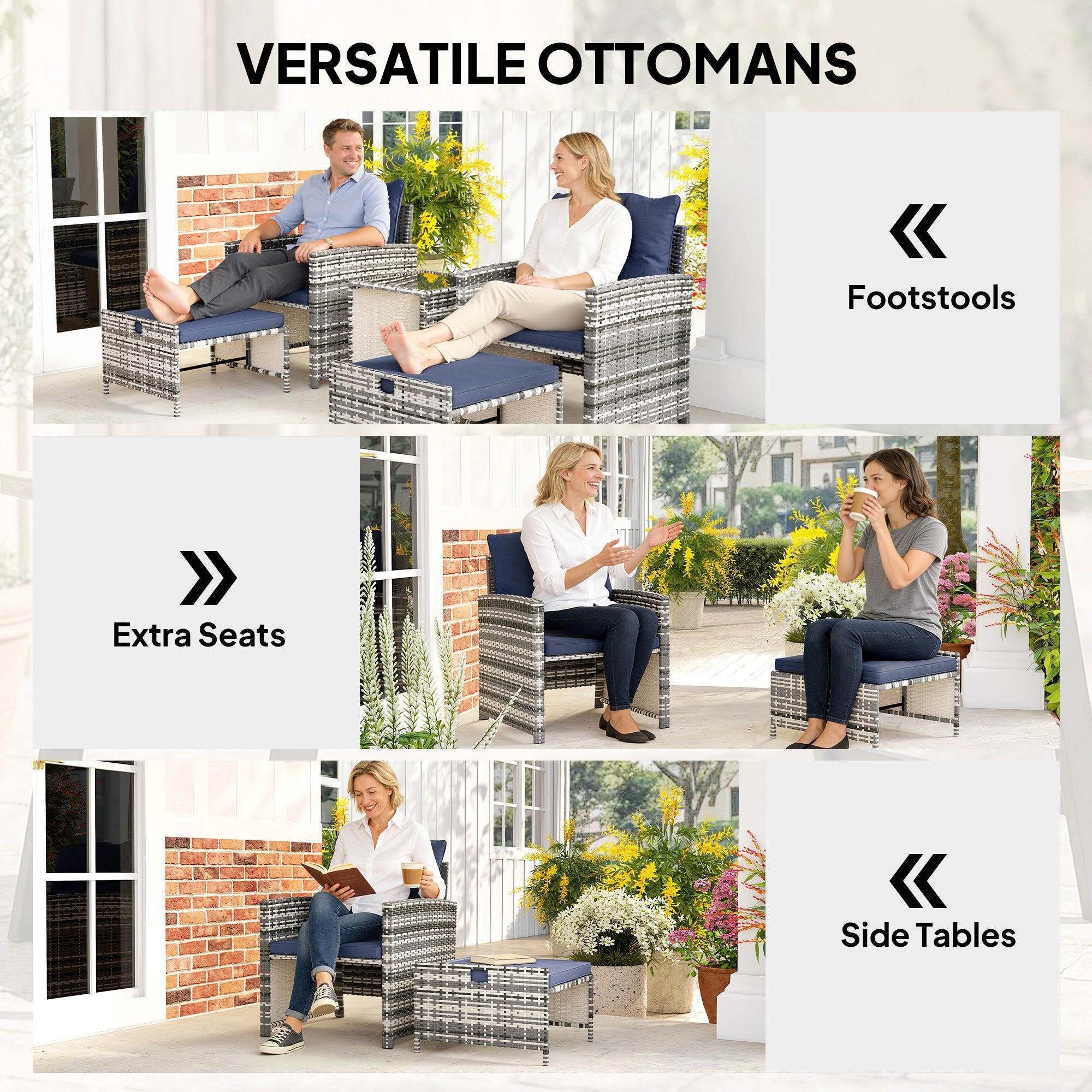 Athena 5 Piece Patio Furniture Set with Ottomans and Glass Table-Dark Blue