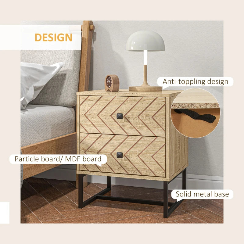 Gabi Modern Nightstand-Bedside Table with Drawers, Side End Table with Metal Legs for Bedroom, Zig Zag Design, Natural