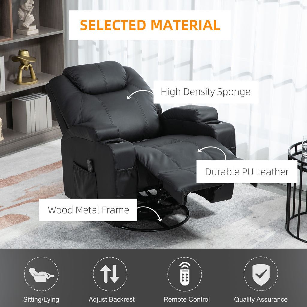Brady Massage Recliner Chair, Swivel Nursery Rocker Chair, Manual Reclining Sofa with 8 Vibration Points, PU Leather, Cup Holders, Side Pockets, for Living Room, Black