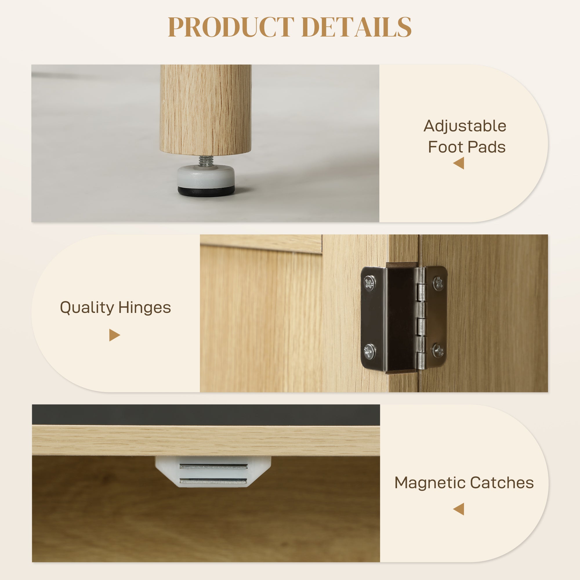 Quinn Bohemian Sideboard, 46.9" Buffet Cabinet with 3 Rattan Doors and Shelves for Living Room, Hallway, Oak