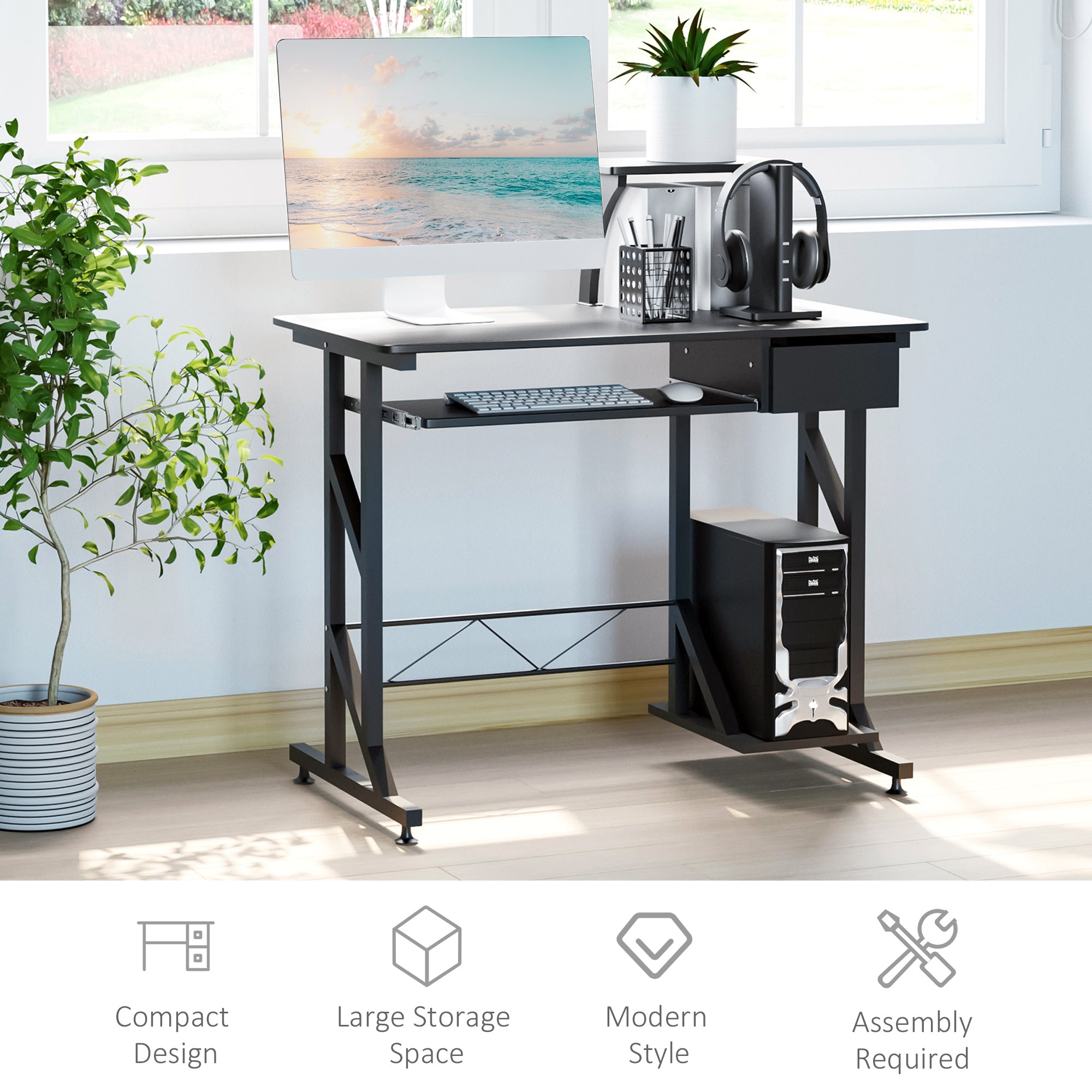 Indy Computer Desk with Keyboard Tray, Writing Desk with Drawer, Workstation for Home Office, Black (35.4"Lx19.7"Wx39.4"H)