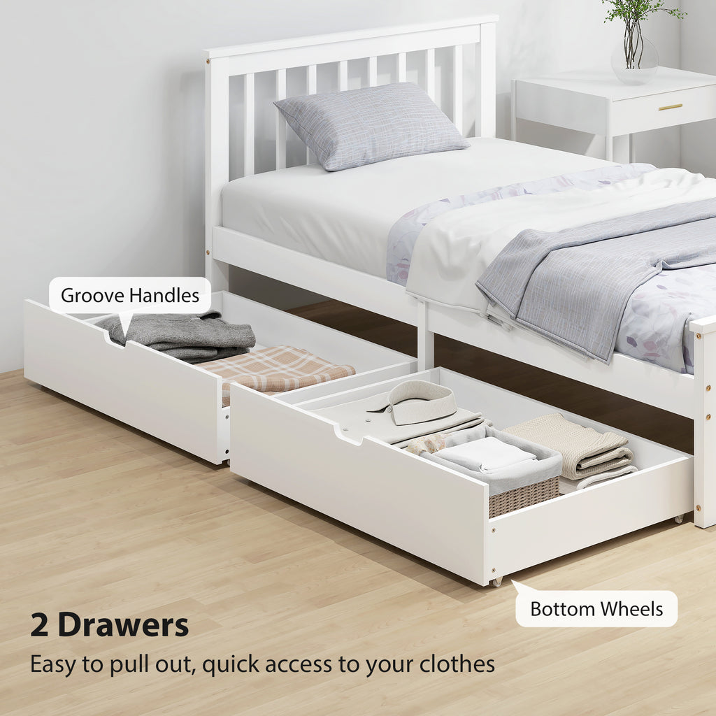 Leo Pine Twin Bed Frame, Wood Storage Bed Frame with Drawers, Wood Slat Support, No Box Spring Needed, Easy Assembly, White