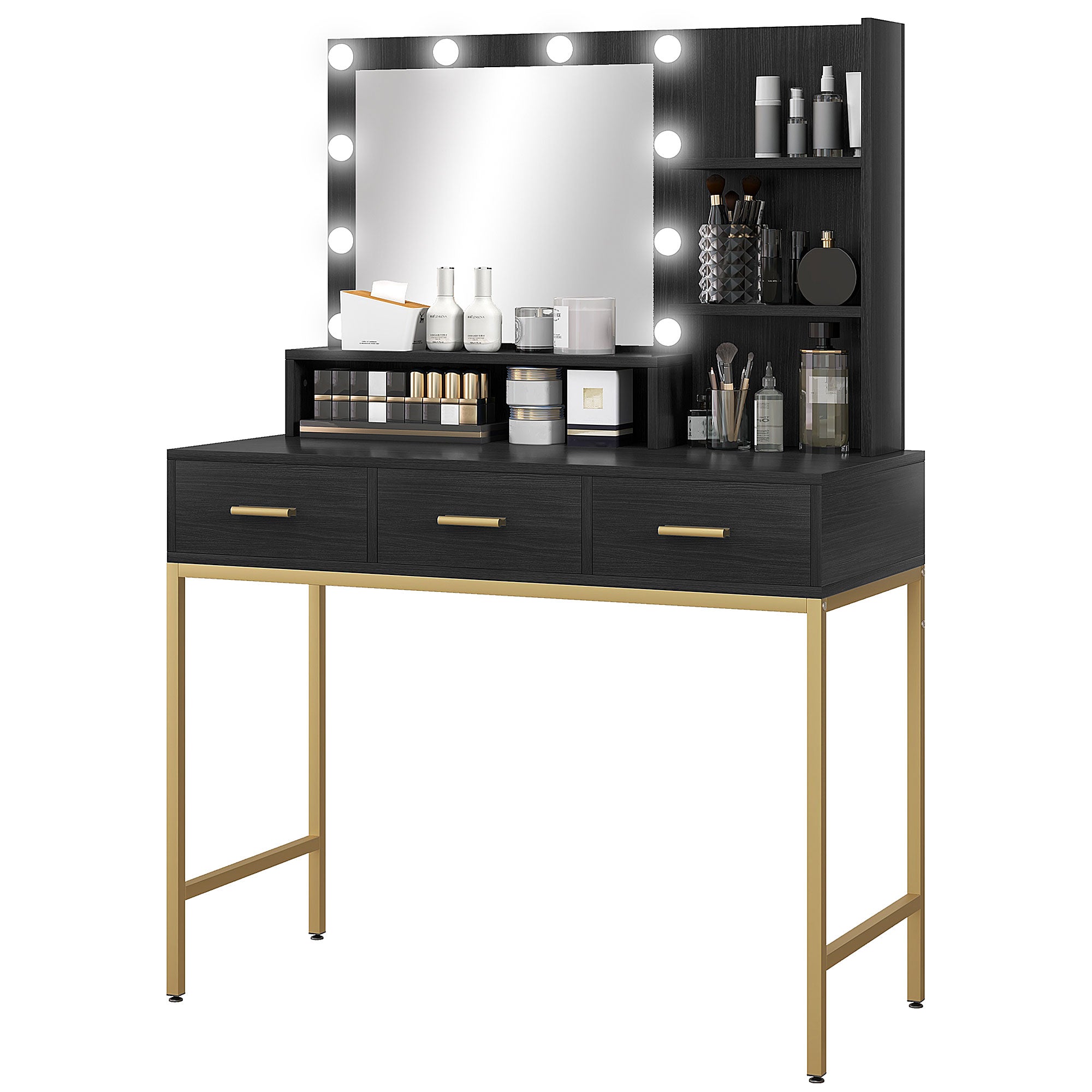 Sophia Illuminated Dressing Table, LED Vanity Table with Mirror, 3 Drawers and Storage Shelves for Bedroom, Black