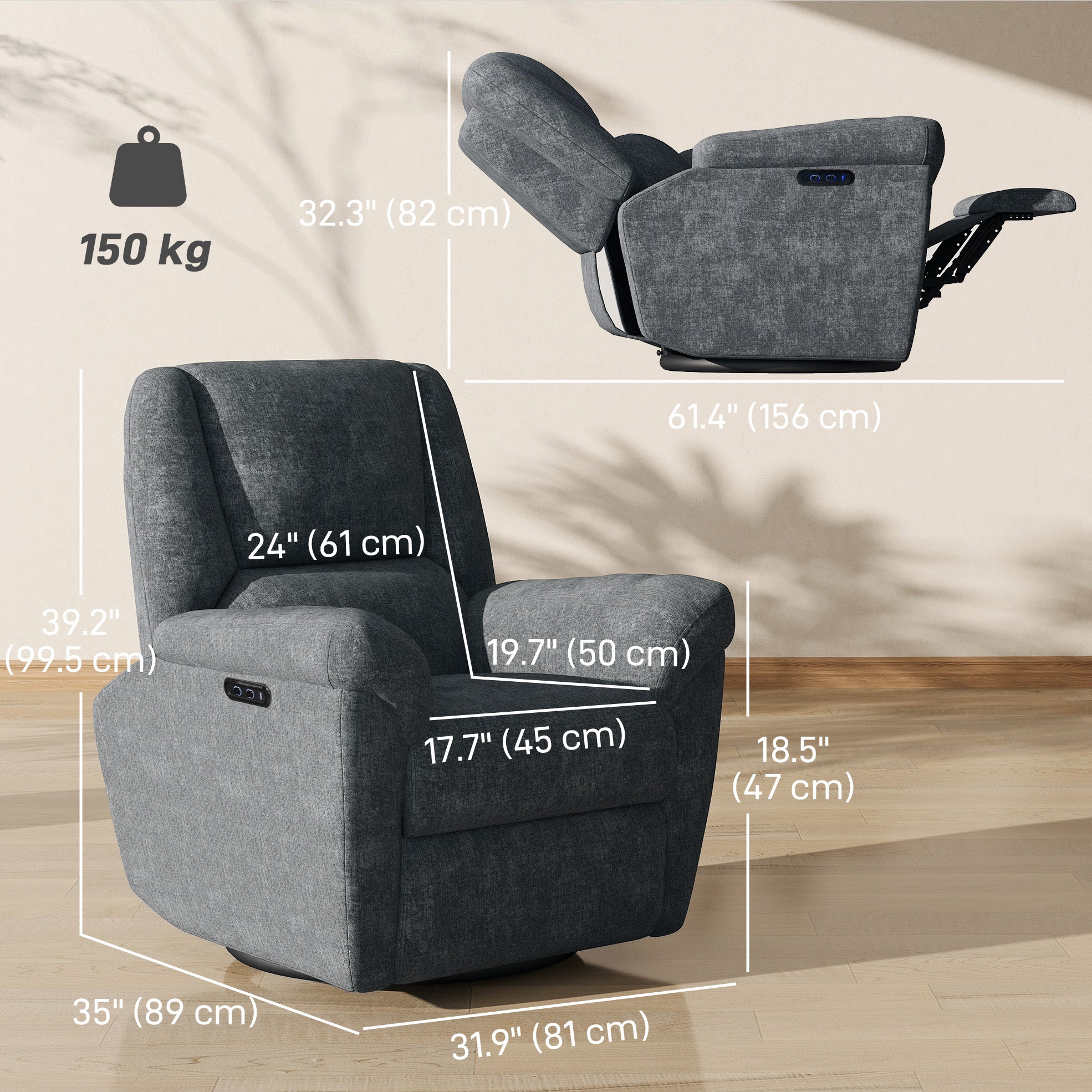 Brooks Power Reclining Chair with USB Ports, Swivel and Rocking Functions-Dark Grey