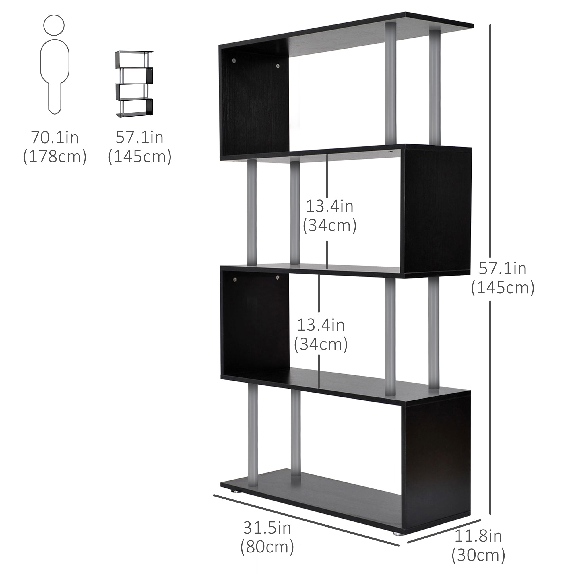 Jude 5-Tiers Geometric Wooden S-Shaped Bookshelf Display with Metal Frame for Living Room, Bedroom & Home Office-Black