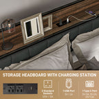 Robin Queen Size Bed Frame with Charging Station, Queen Bed Frame with Upholstered Headboard and Storage Shelf, Walnut