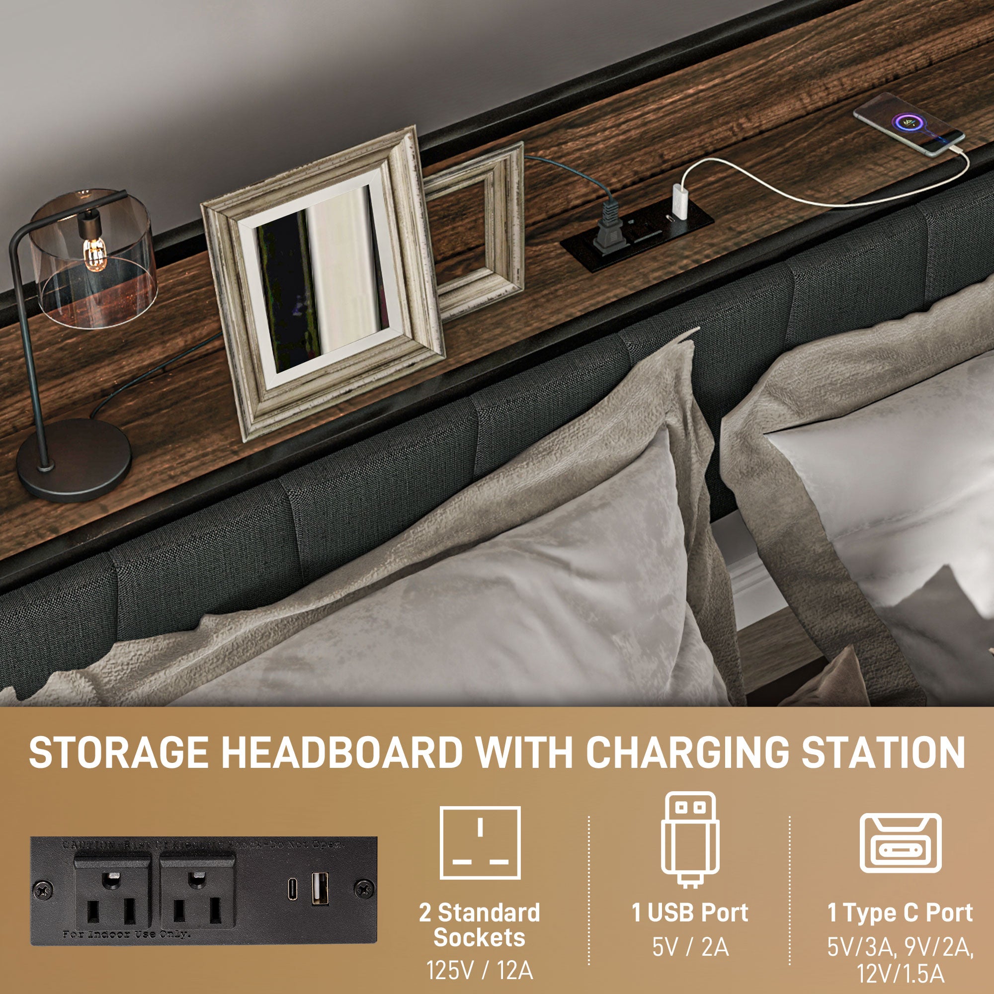 Robin Queen Size Bed Frame with Charging Station, Queen Bed Frame with Upholstered Headboard and Storage Shelf, Walnut