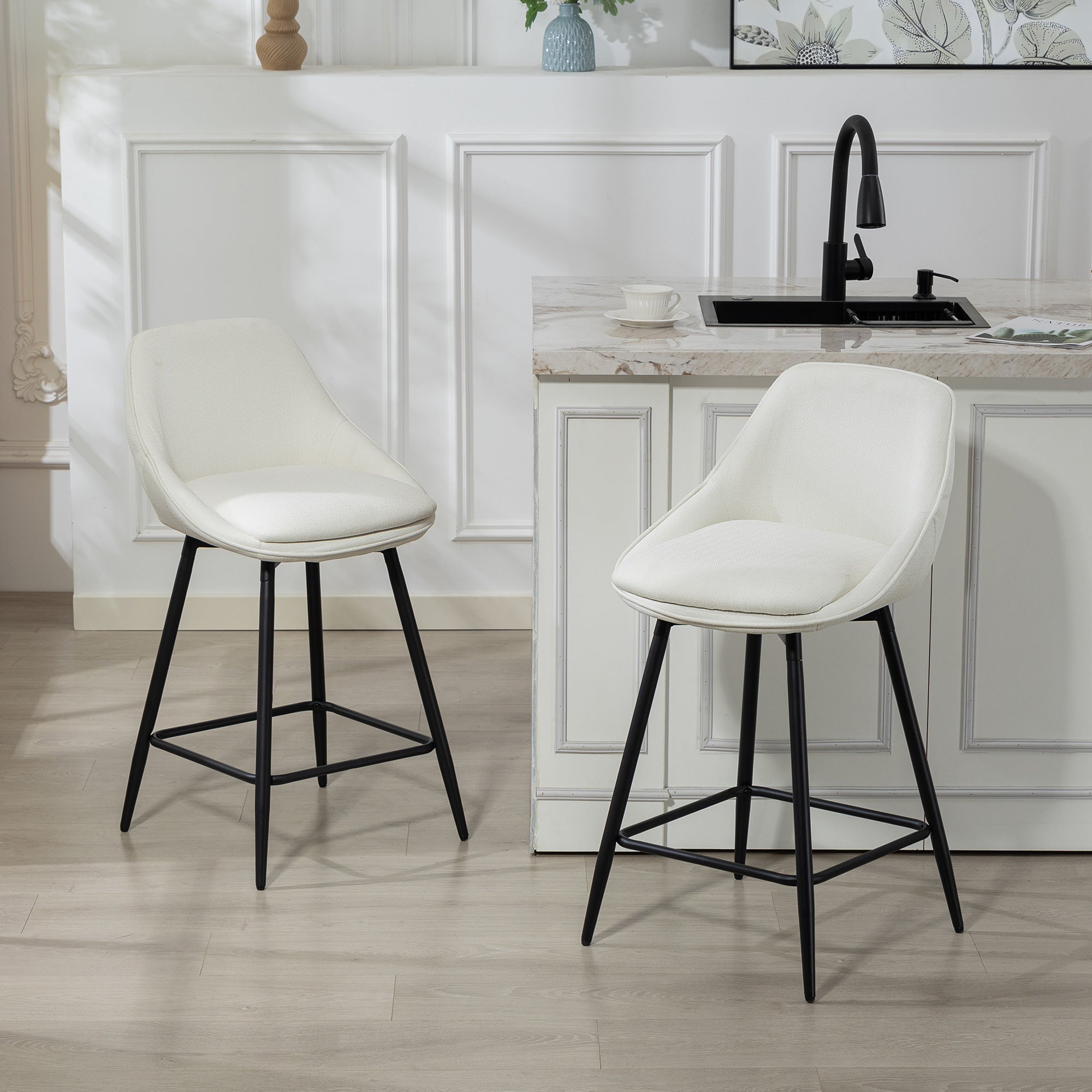 Reece 26" Counter Height Barstools Set of 2, Upholstered Swivel Bar Stools with Backrests and Armrests, Cream White