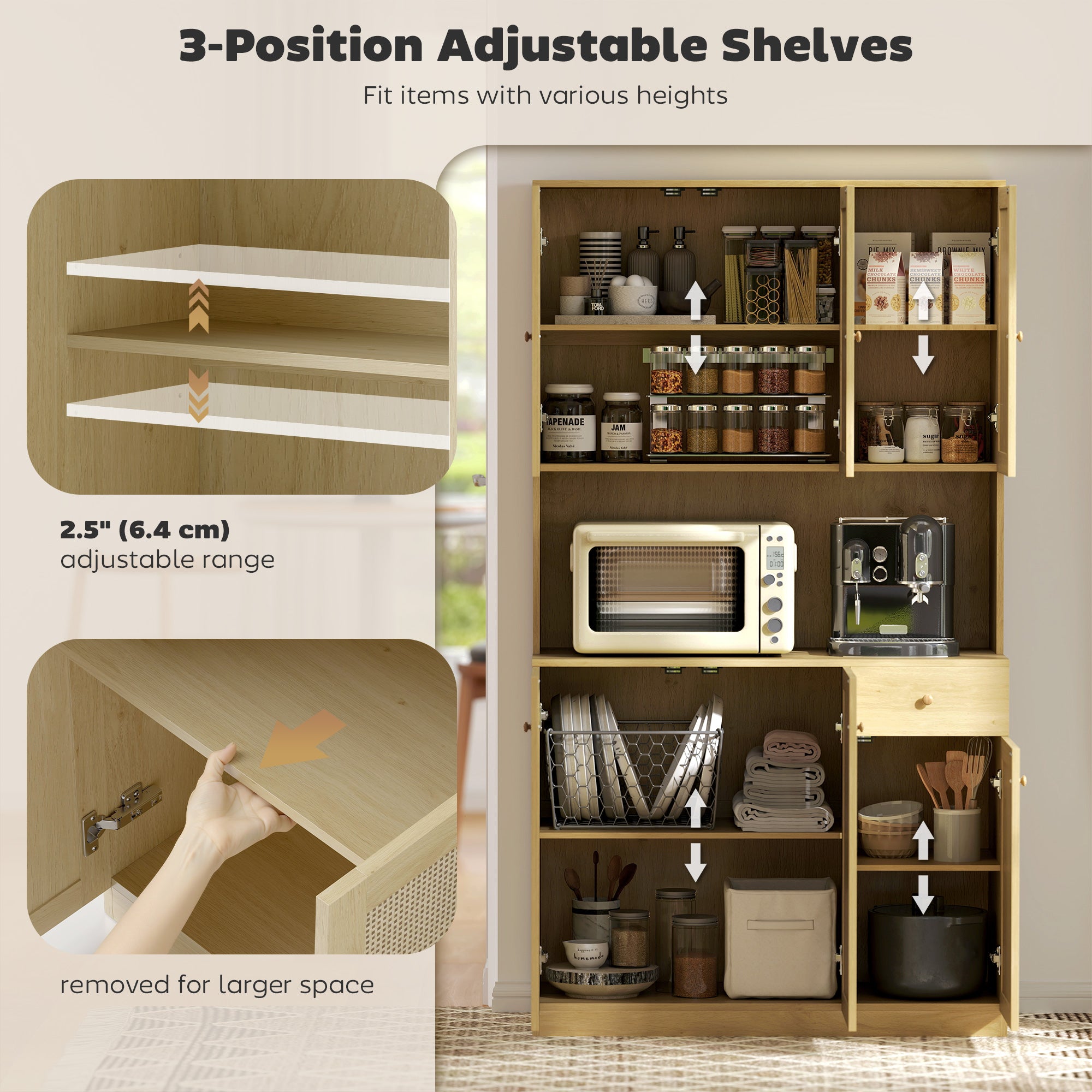 Milan Kitchen Hutch with Microwave Countertop, 71" Boho Kitchen Pantry Cabinet with Decorative Rattan Doors, Natural