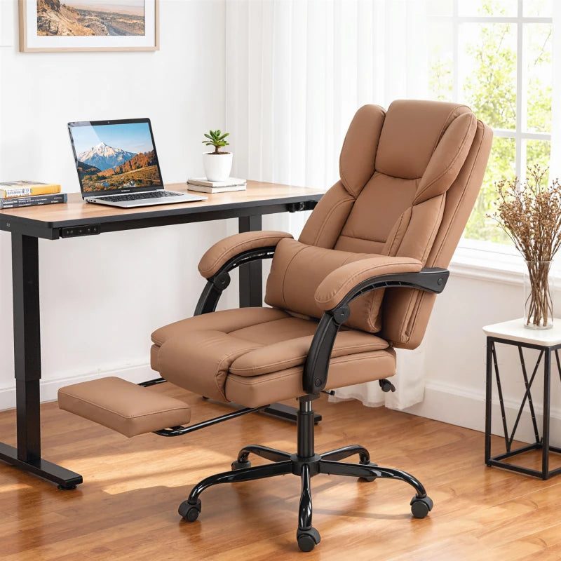 Elite Office Chair with Massage, Pet-Friendly Faux Leather Reclining Desk Chair with Lumbar Support, Footrest, Brown