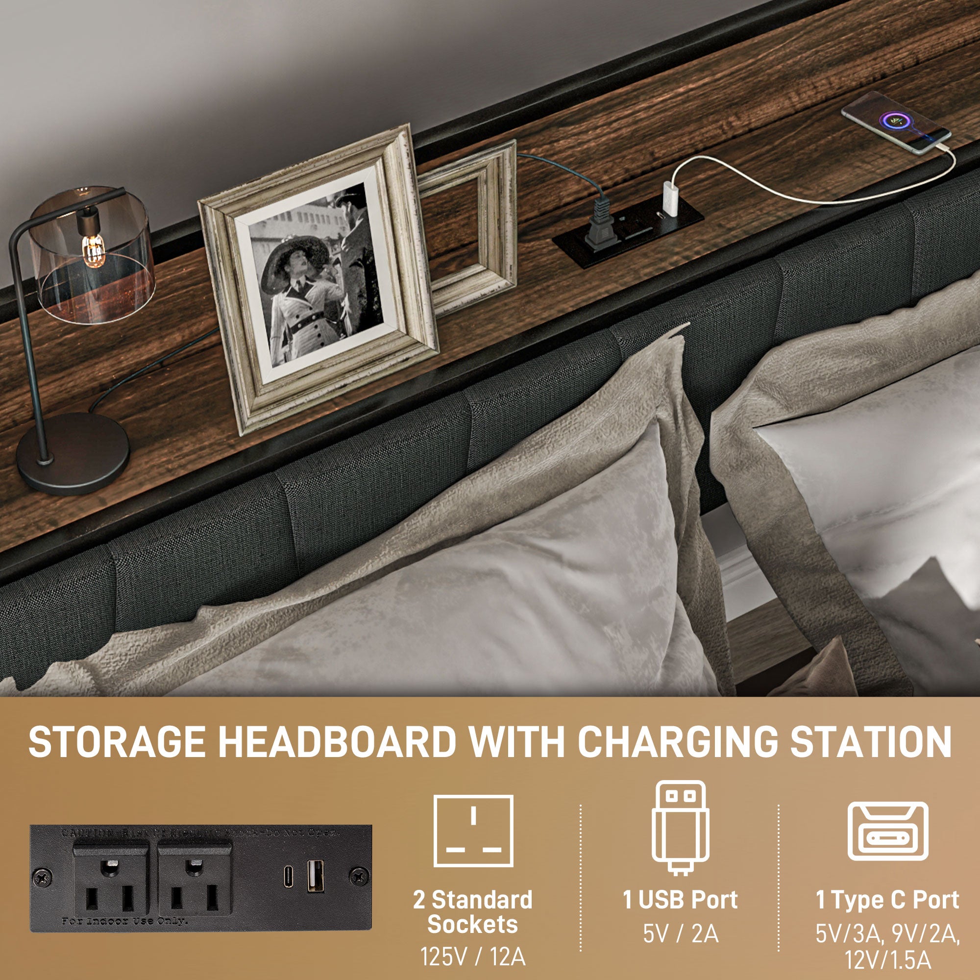 Robin Full Size Bed Frame with Charging Station