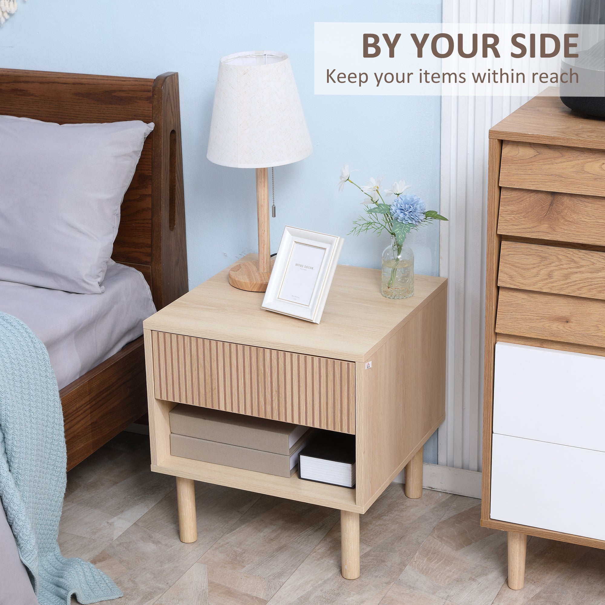 Laura Modern Bedside Table with Drawer and Open Shelf, Sofa Side Table for Bedroom Living Room, Natural