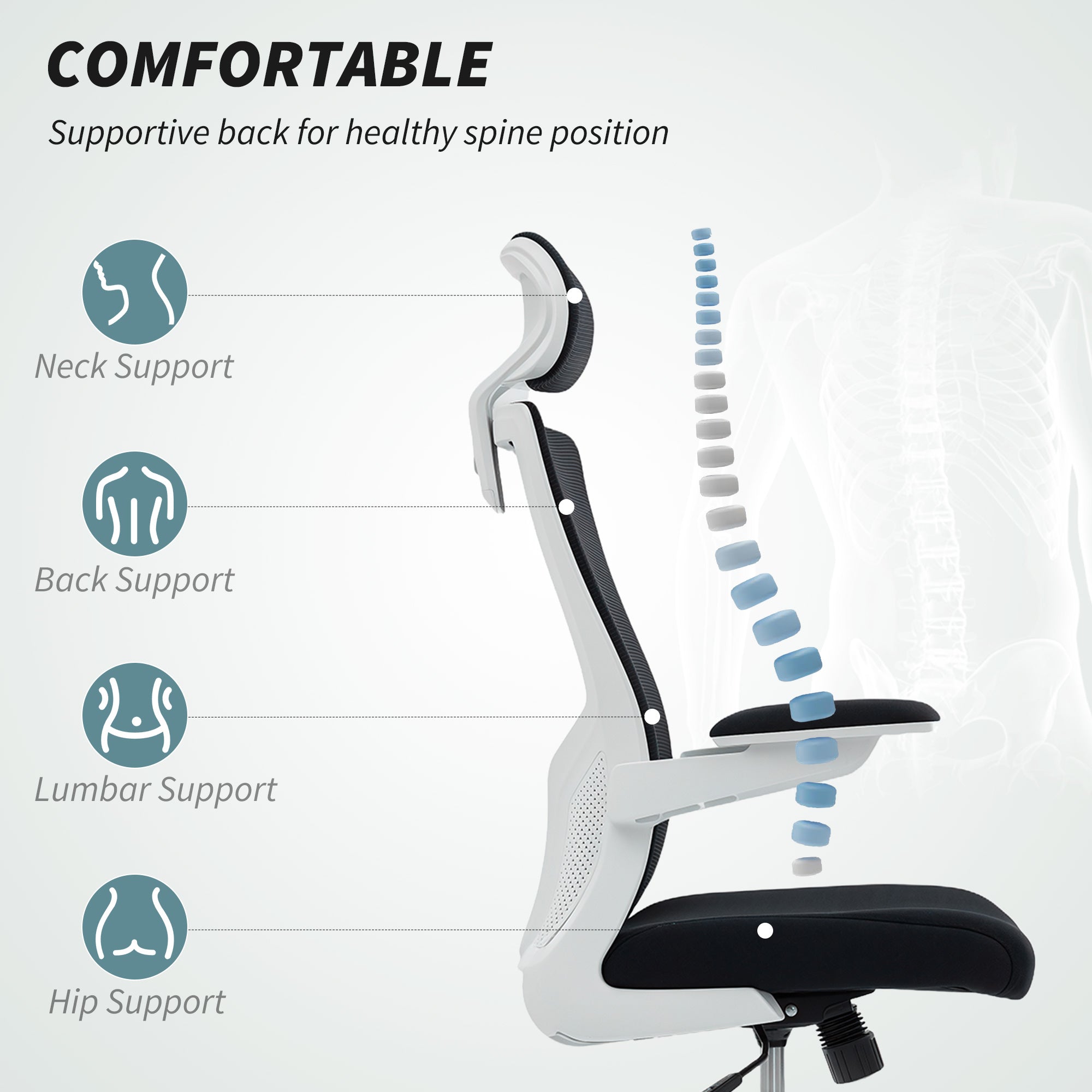 Andre Ergonomic Office Chair, Swivel Desk Chair with Adjustable Lumbar Support, Headrest and Height, Flip-up Armrests, Black