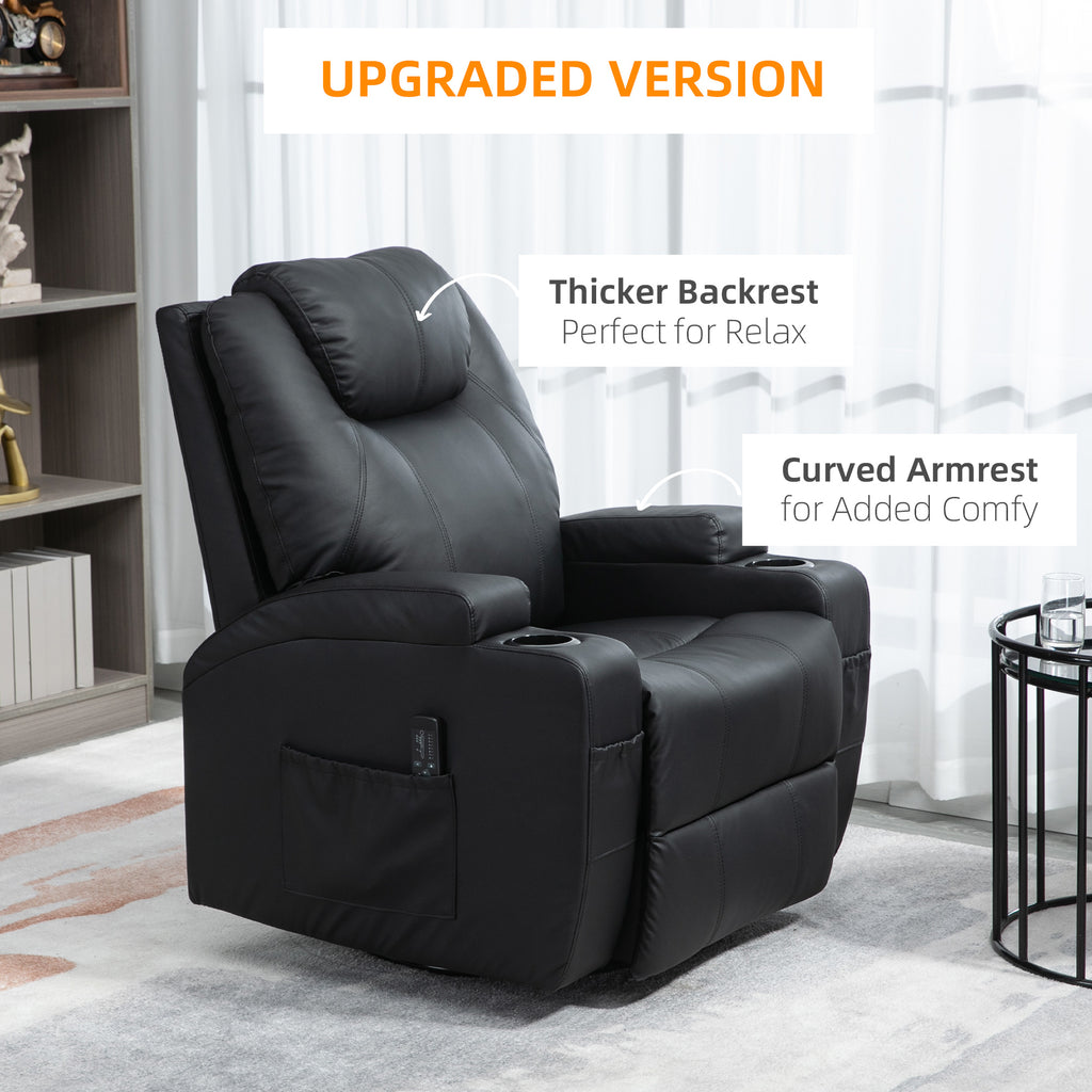 Brady Massage Recliner Chair, Swivel Nursery Rocker Chair, Manual Reclining Sofa with 8 Vibration Points, PU Leather, Cup Holders, Side Pockets, for Living Room, Black