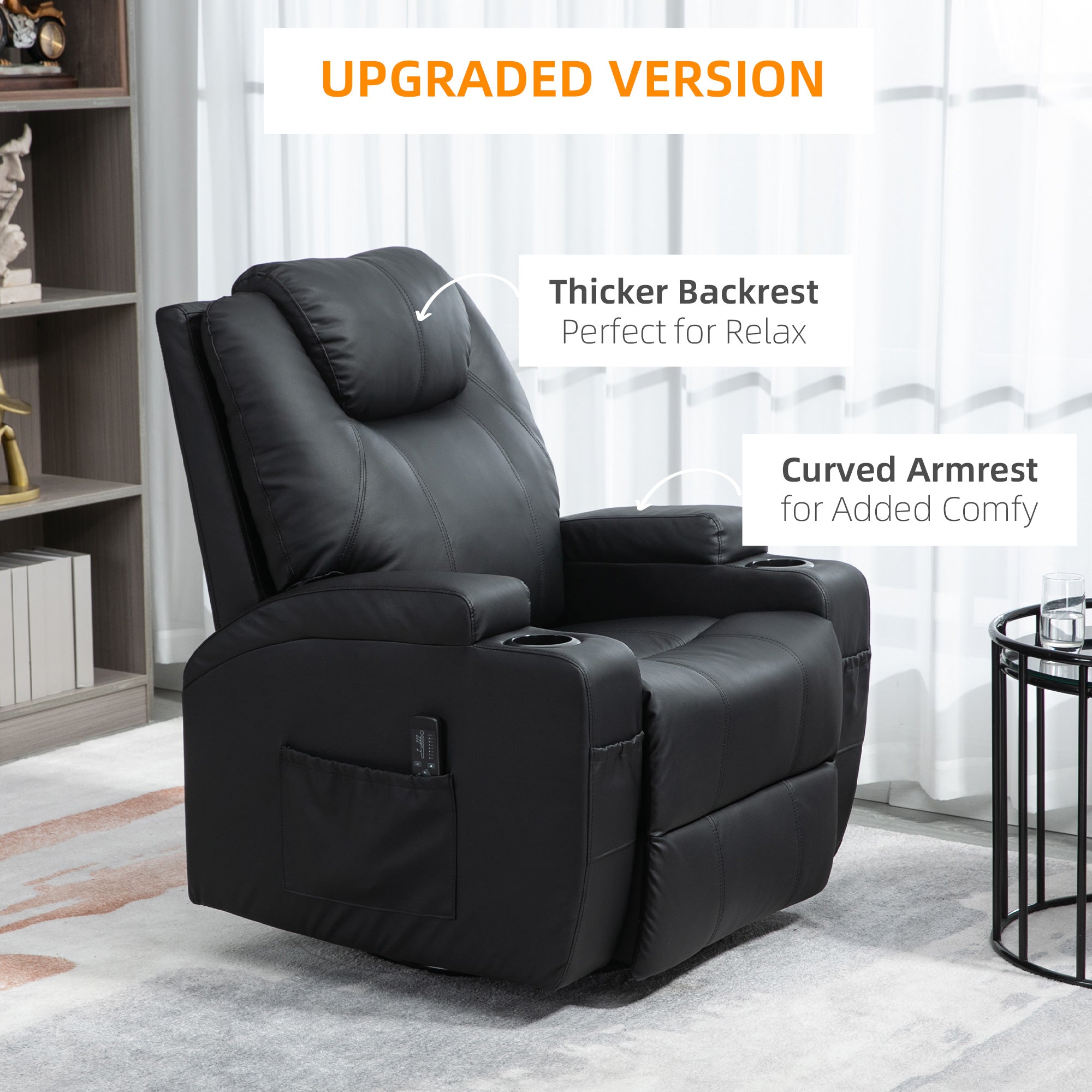 Brady Massage Recliner Chair, Swivel Nursery Rocker Chair, Manual Reclining Sofa with 8 Vibration Points, PU Leather, Cup Holders, Side Pockets, for Living Room, Black