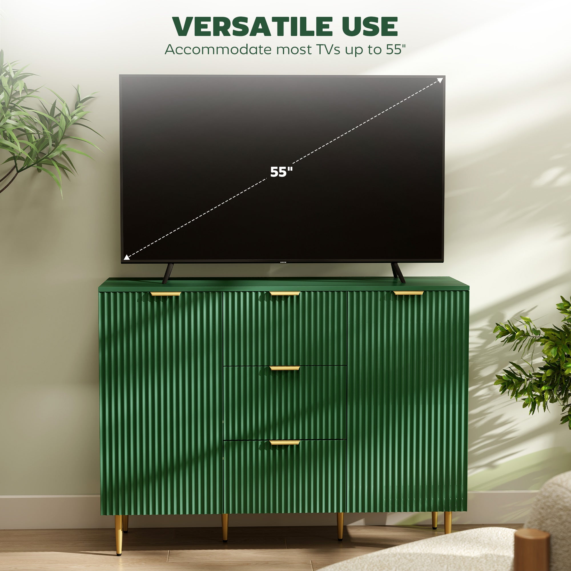 Ellis Modern Kitchen Storage Cabinet, Sideboard Buffet Cabinet w/ 3 Drawers and Adjustable Shelves for Kitchen Hallway, Green