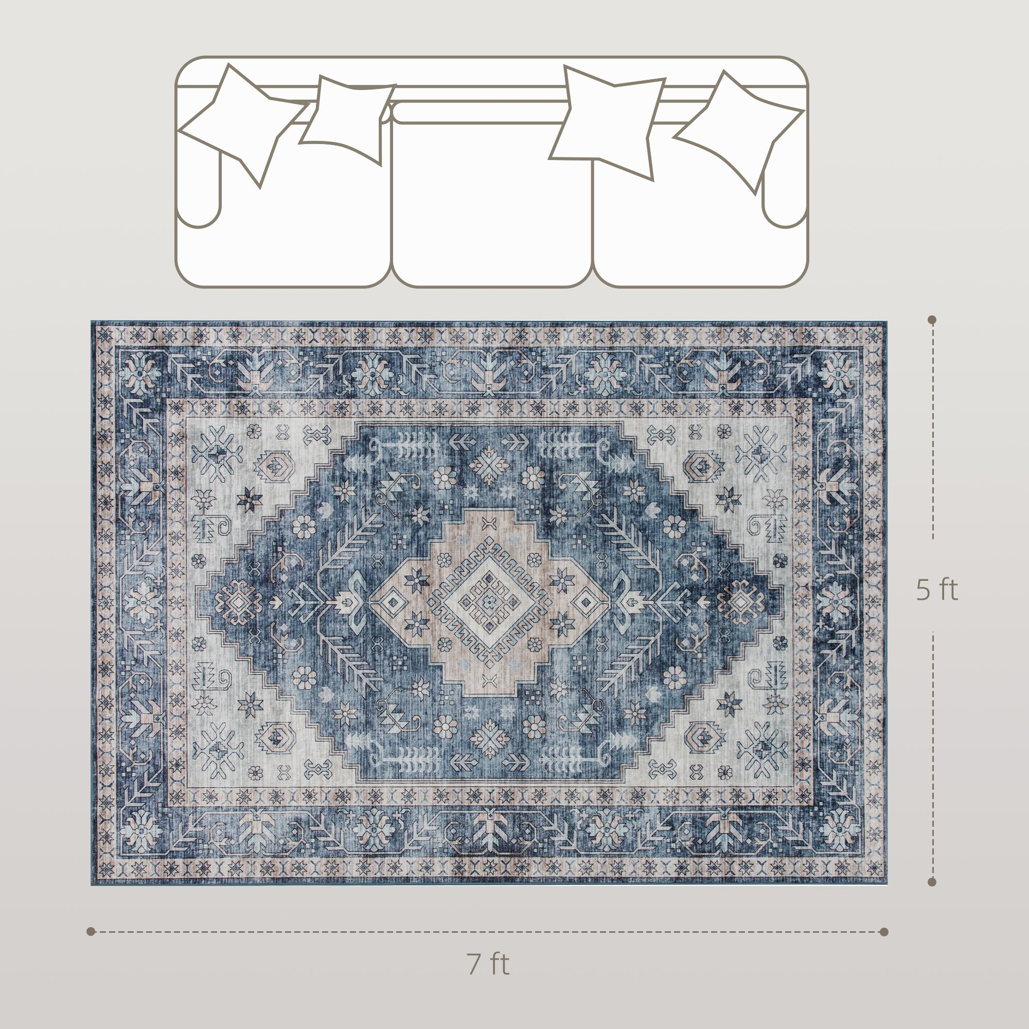 Brady 5x7 Vintage Machine Washable and Non-Slip Area Rug-Blue