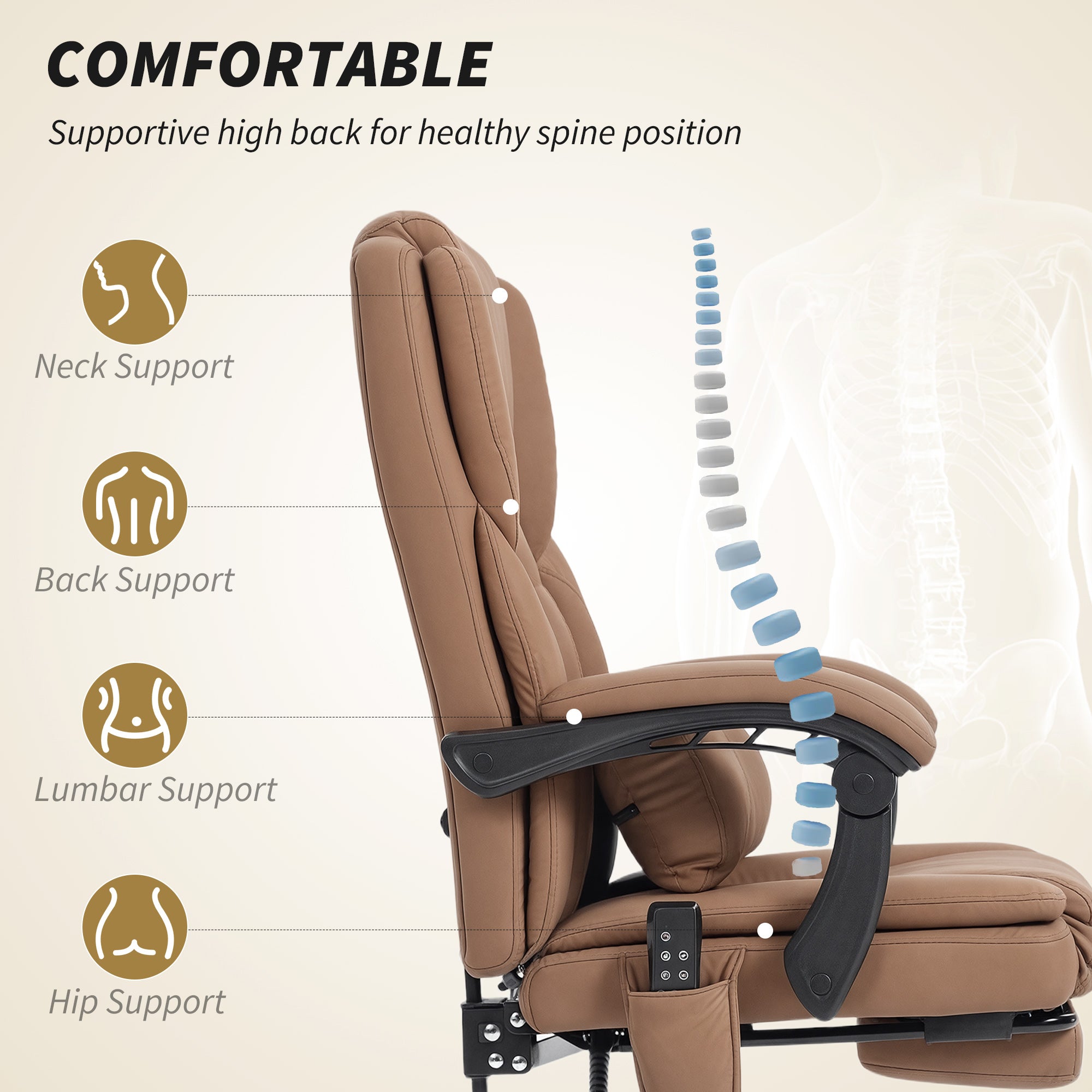 Elite Office Chair with Massage, Pet-Friendly Faux Leather Reclining Desk Chair with Lumbar Support, Footrest, Brown