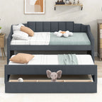 Theo Twin Size Upholstered Daybed with Trundle and Three Drawers, Pull-out Bed, 81" L x 41" W x 35.5" H, Gray