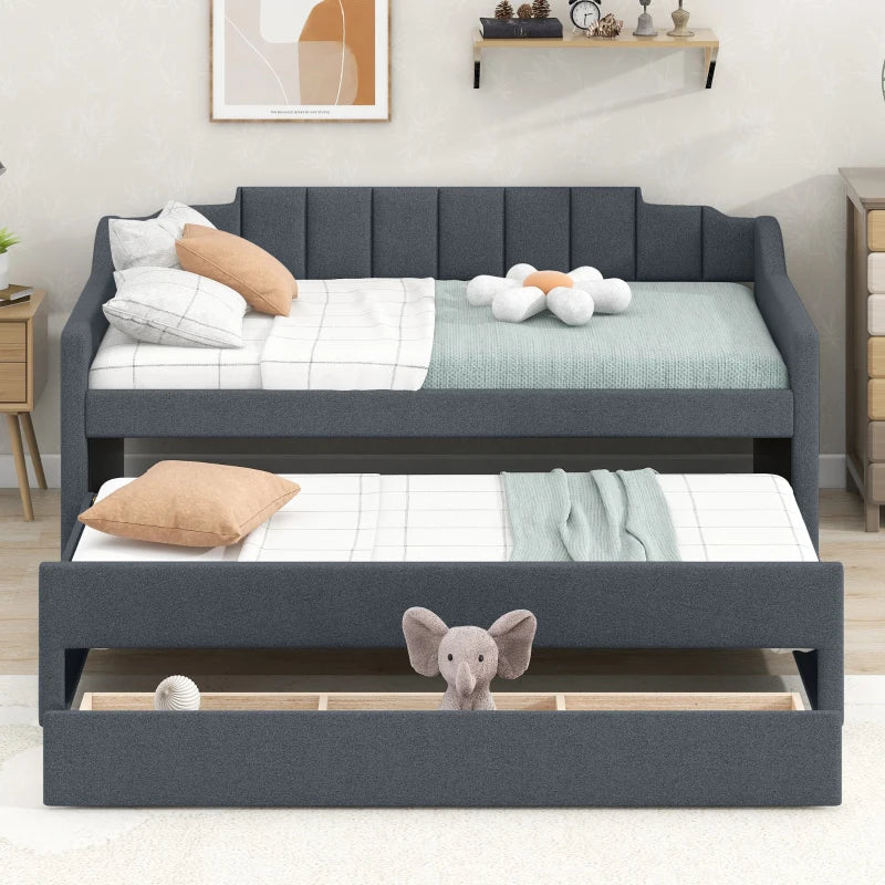 Theo Twin Size Upholstered Daybed with Trundle and Three Drawers, Pull-out Bed, 81" L x 41" W x 35.5" H, Gray