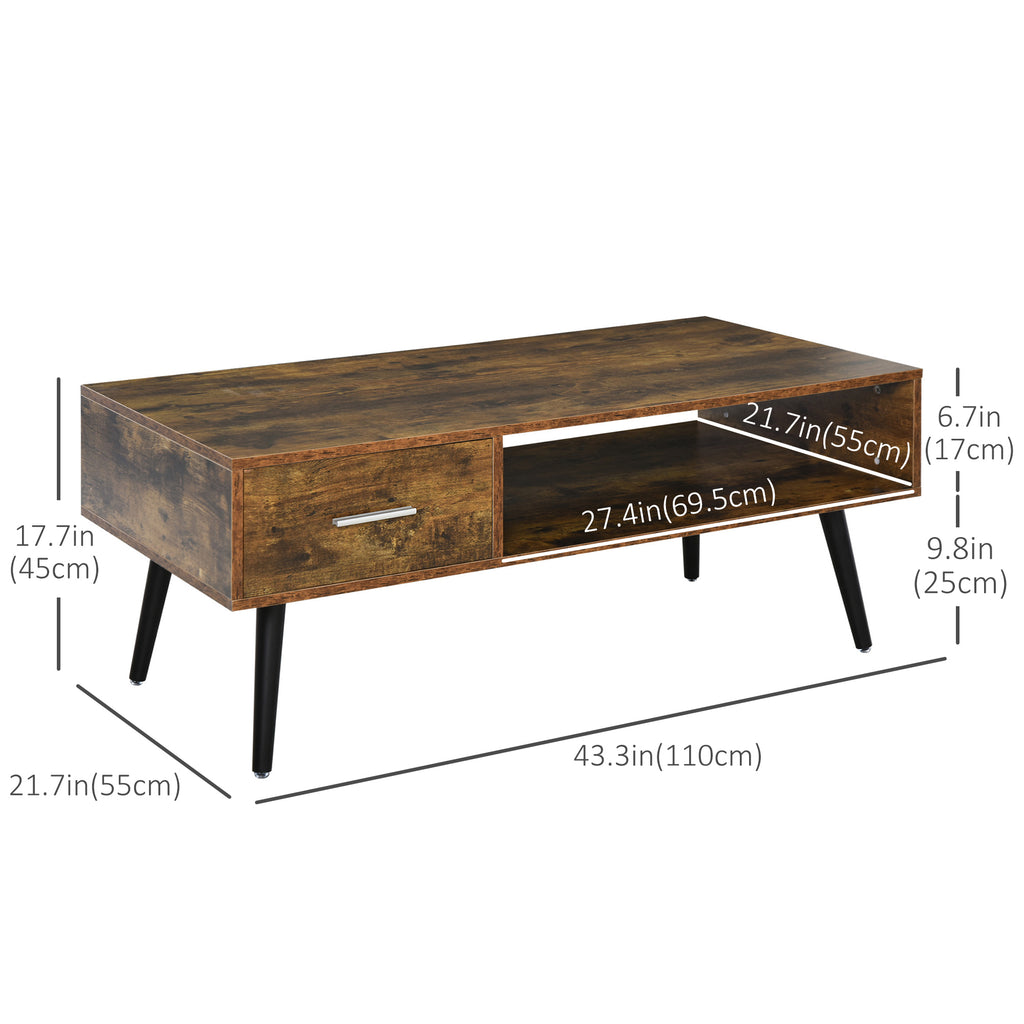 Omari Retro Coffee Table with Storage Shelf and Drawer for Living Room, Vintage Wooden Sofa Side Table, Rustic Brown