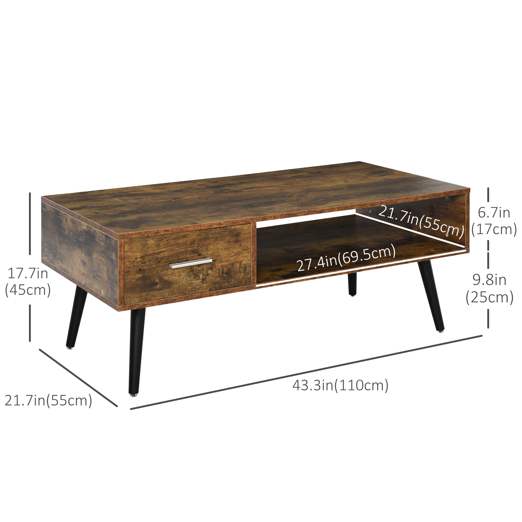 Omari Retro Coffee Table with Storage Shelf and Drawer for Living Room, Vintage Wooden Sofa Side Table, Rustic Brown