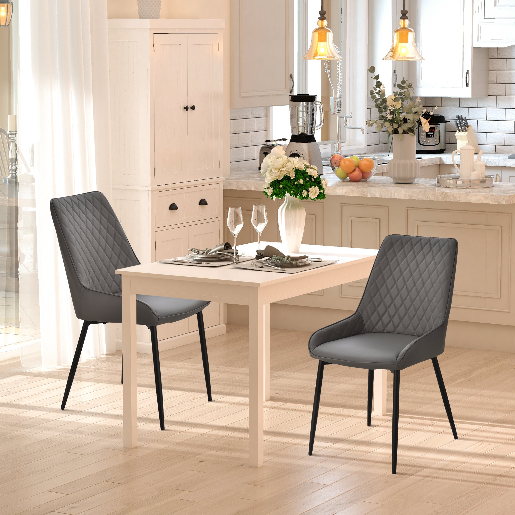 Blake PU Leather Kitchen Chairs, Modern Dining Chairs Set of 2 with Diamond Tufting and Steel Legs for Dining Room, Grey