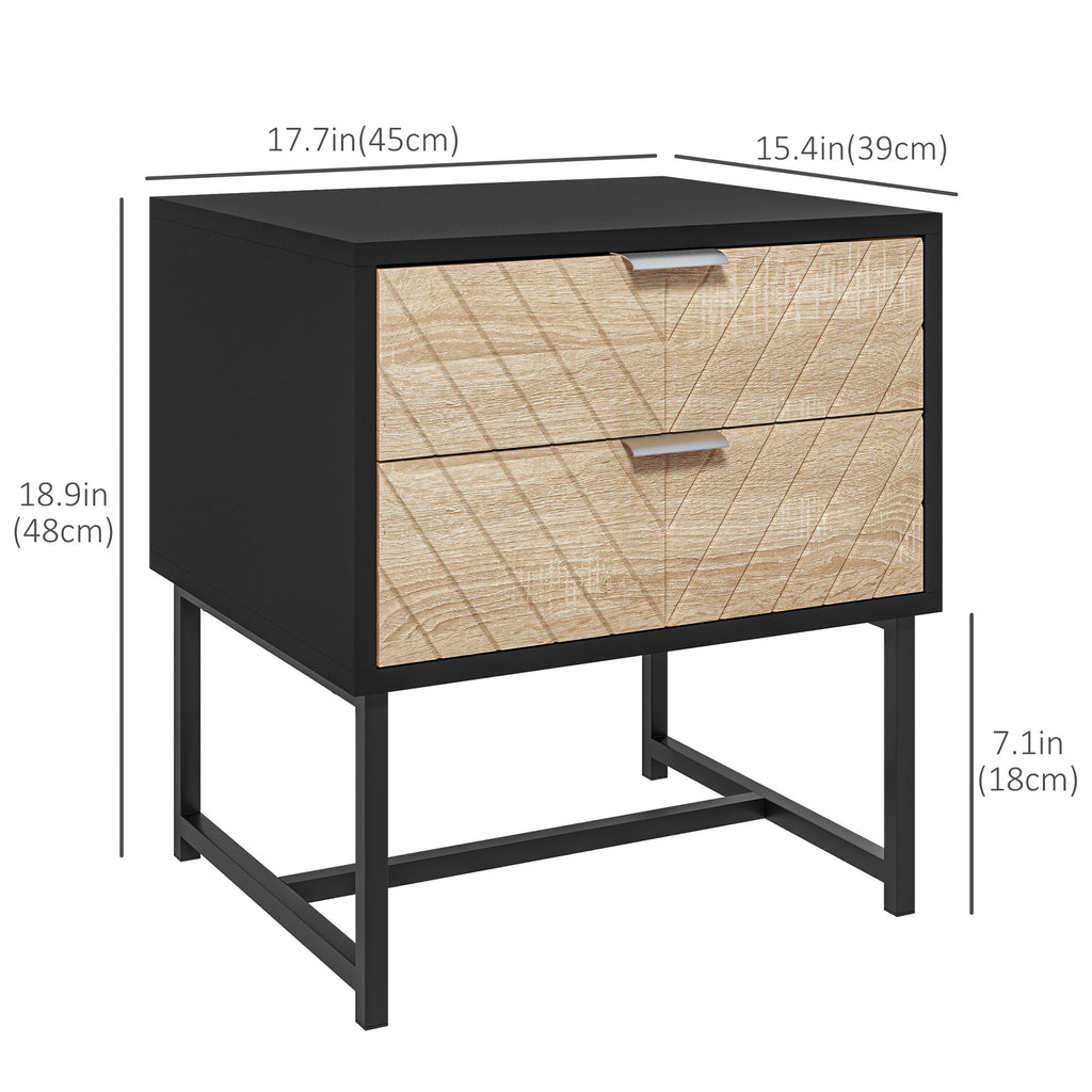 Modern Bedside Table with 2 Drawers and Steel Frame, Sofa Side Table for Bedroom Living Room, Black and Oak