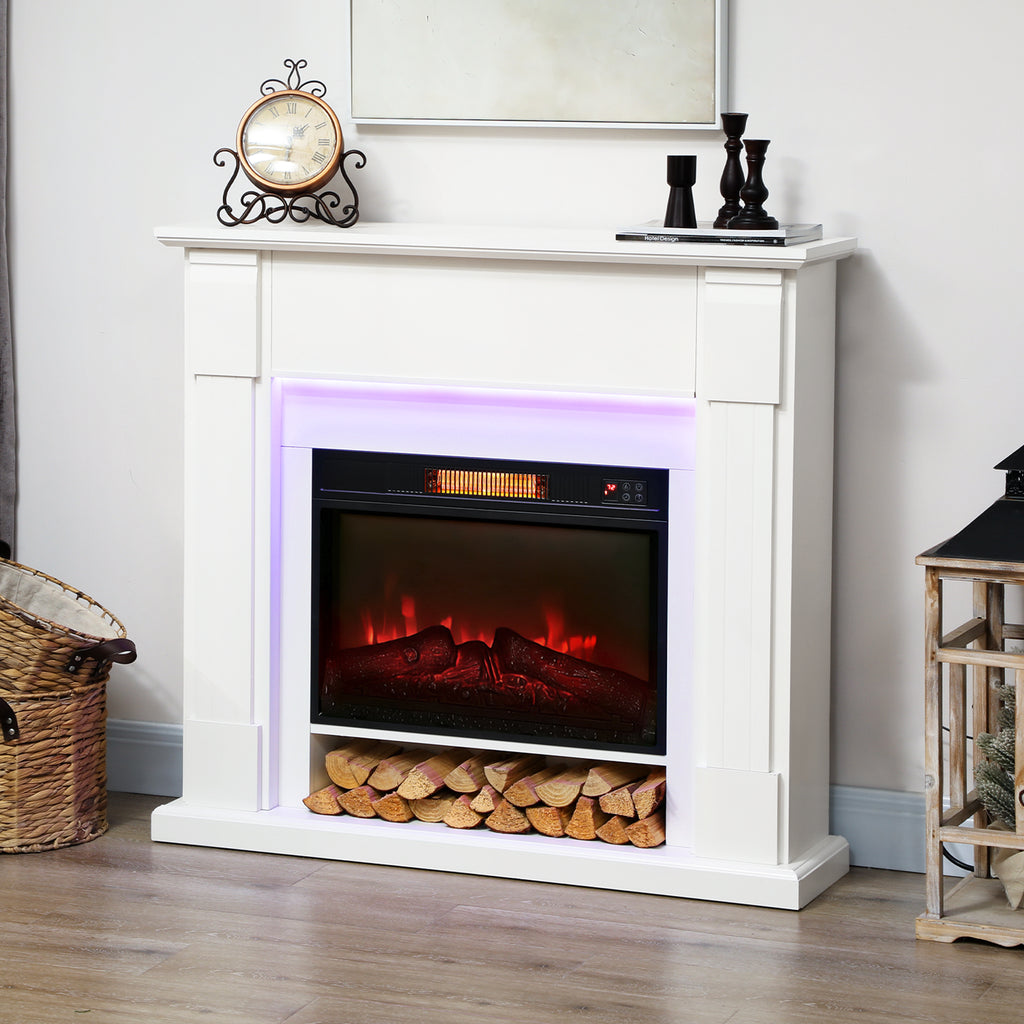 Electric fireplace with mantel featuring realistic flame effect for home heating