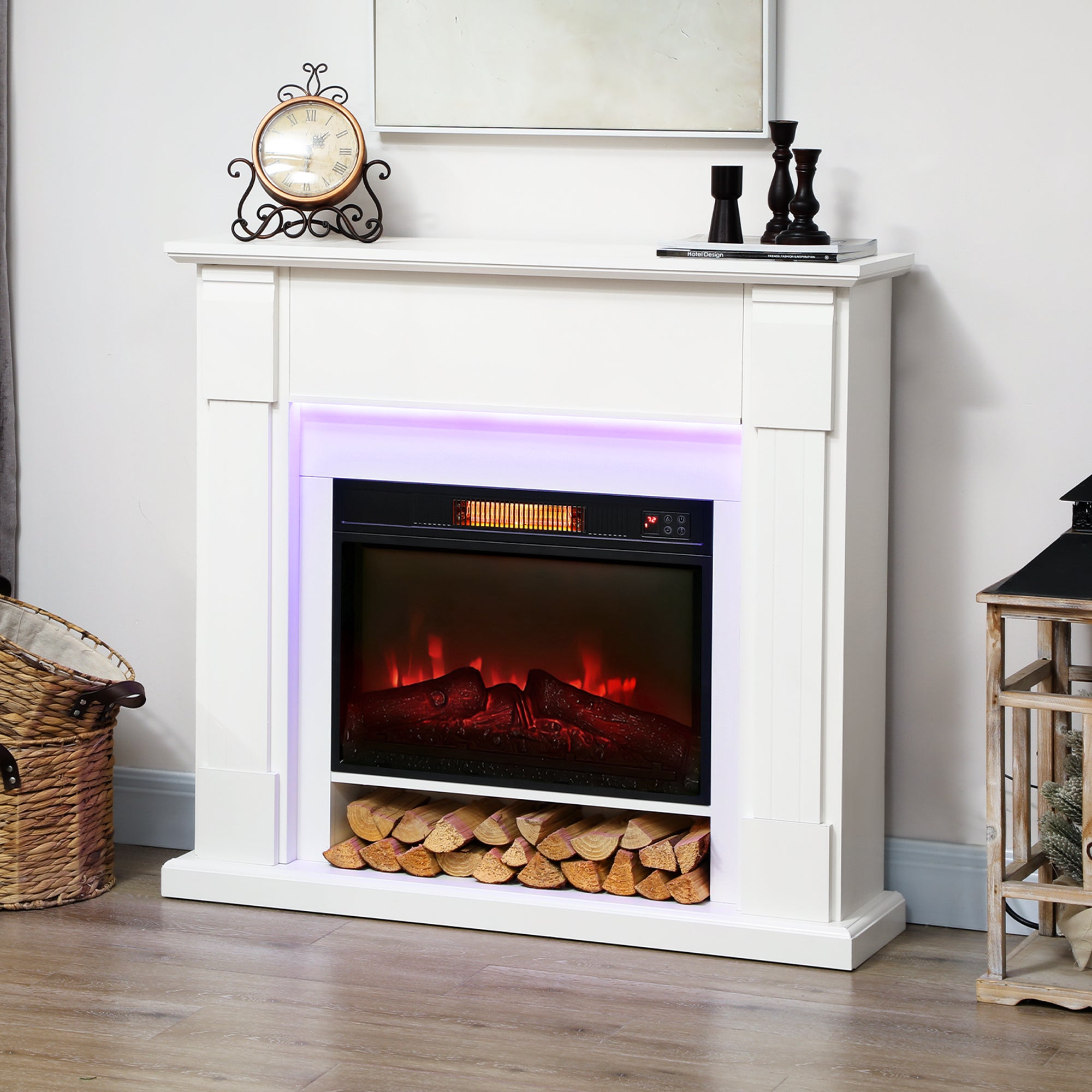 Electric fireplace with mantel featuring realistic flame effect for home heating