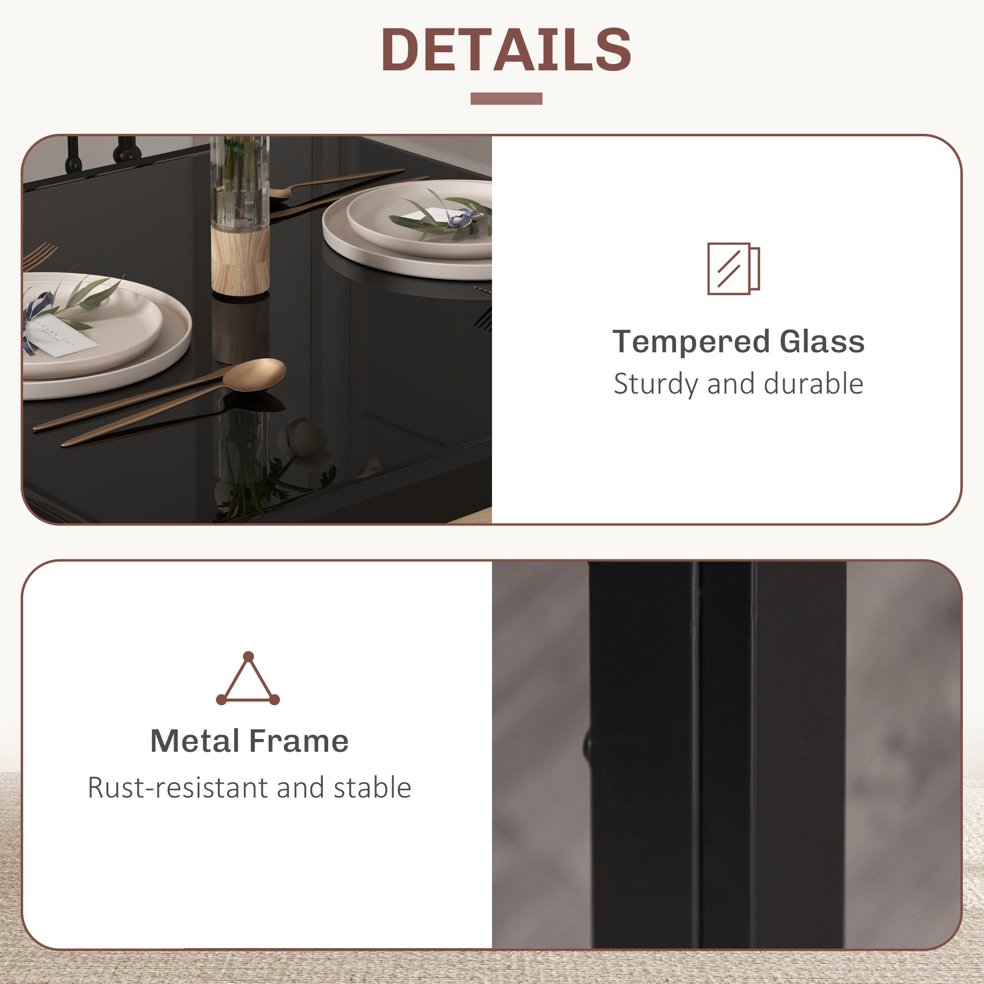 Zaya 3-Piece Rectangular Glass Kitchen Table and Chairs with Metal Frame and Faux Leather Upholstery for Dining Room, Black