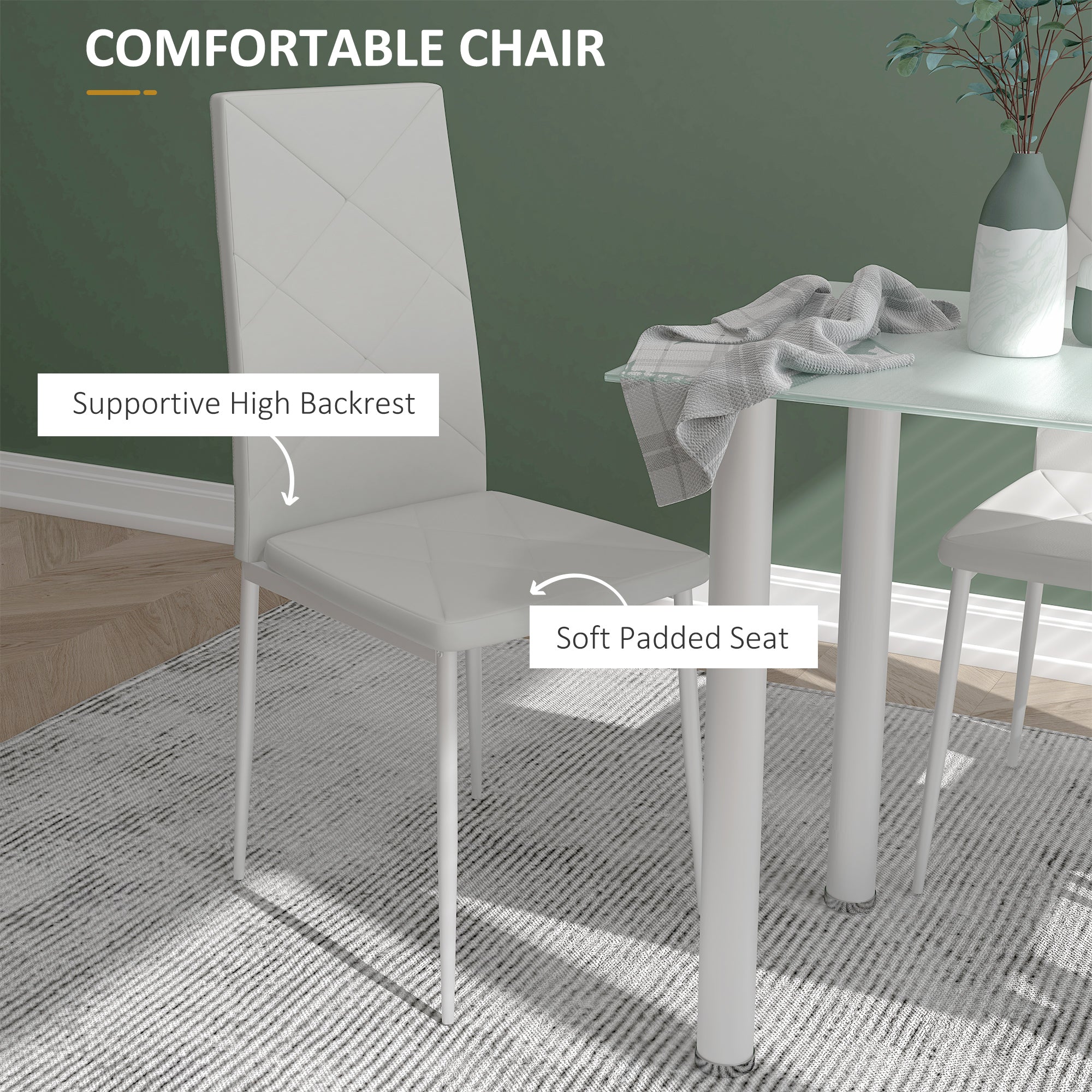 Adam Modern Dining Table Set for 4, Space-Saving 5 Pieces Kitchen Table Set with Rectangle Table and Steel Frame, White