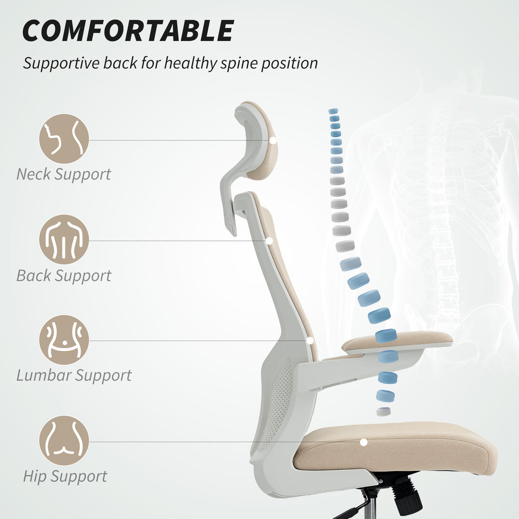 Andre Ergonomic Office Chair, Swivel Desk Chair with Adjustable Lumbar Support, Headrest and Height, Flip-up Armrests, Beige