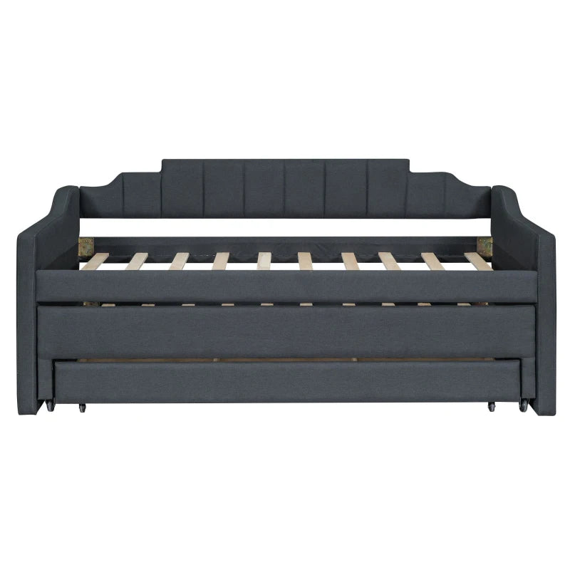 Theo Twin Size Upholstered Daybed with Trundle and Three Drawers, Pull-out Bed, 81" L x 41" W x 35.5" H, Gray