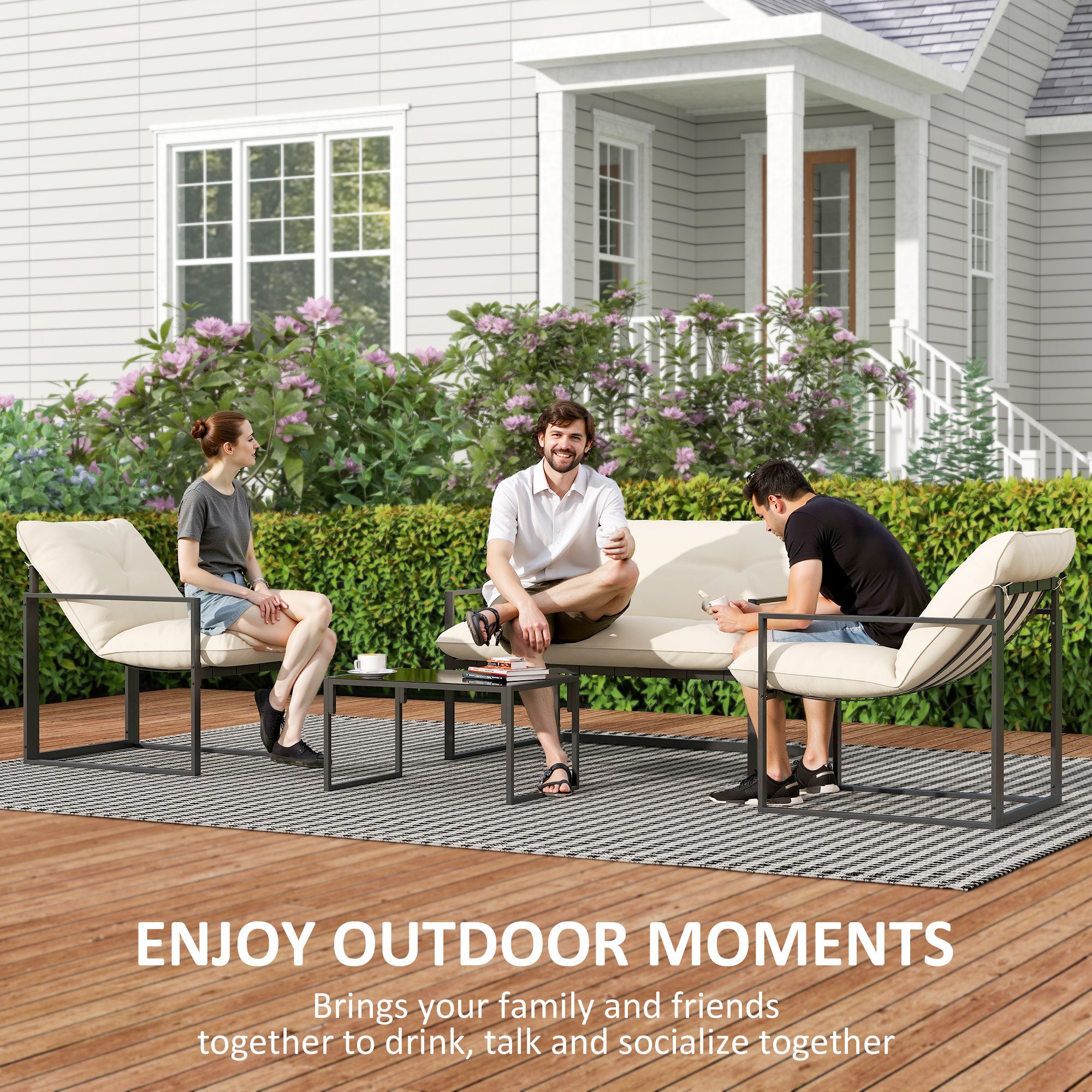 Alfie 4 Piece Patio Conversation Set with Tempered Glass Table-Beige