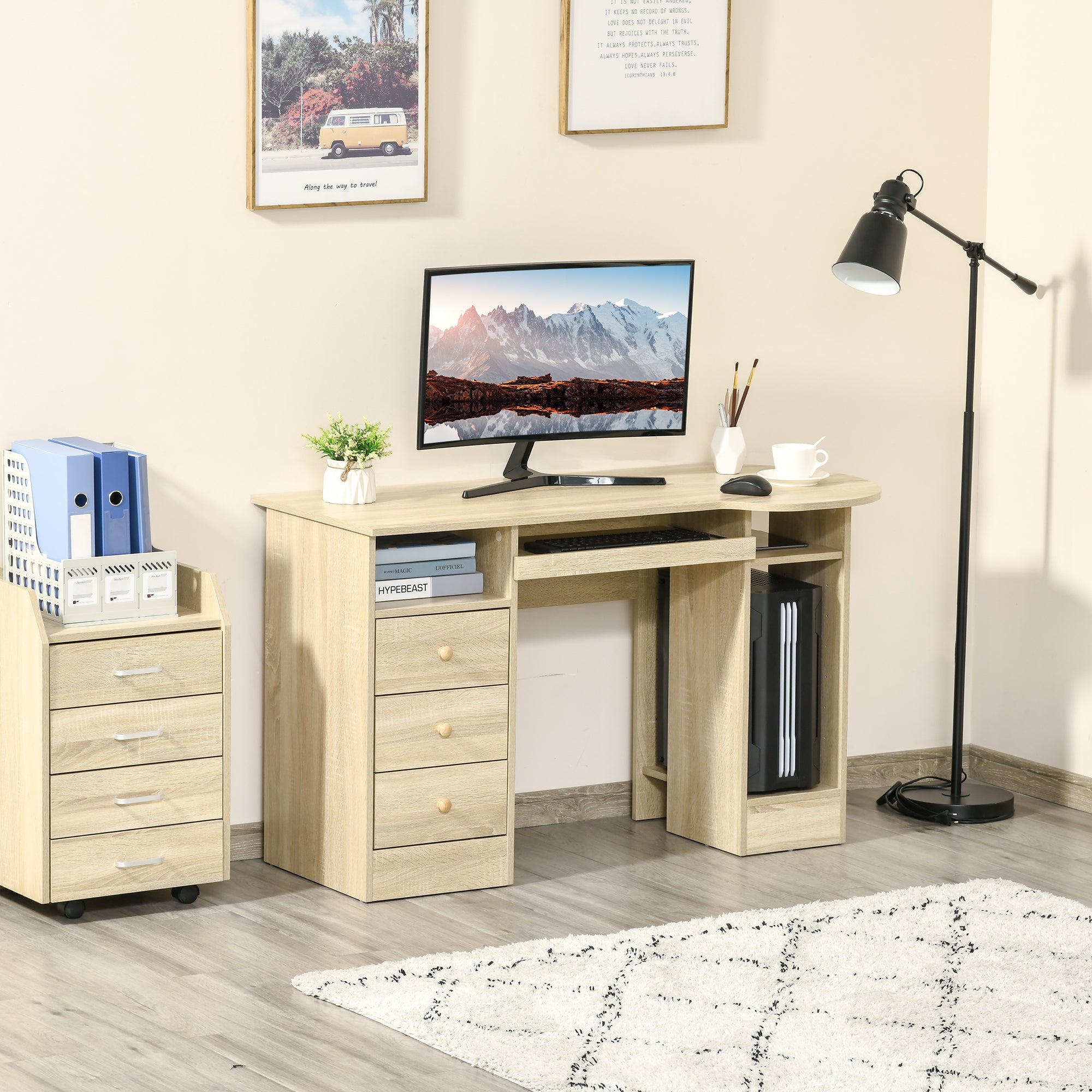 Parker Office Desk with Storage, Modern Computer Workstation Desk with Keyboard Tray-Natural