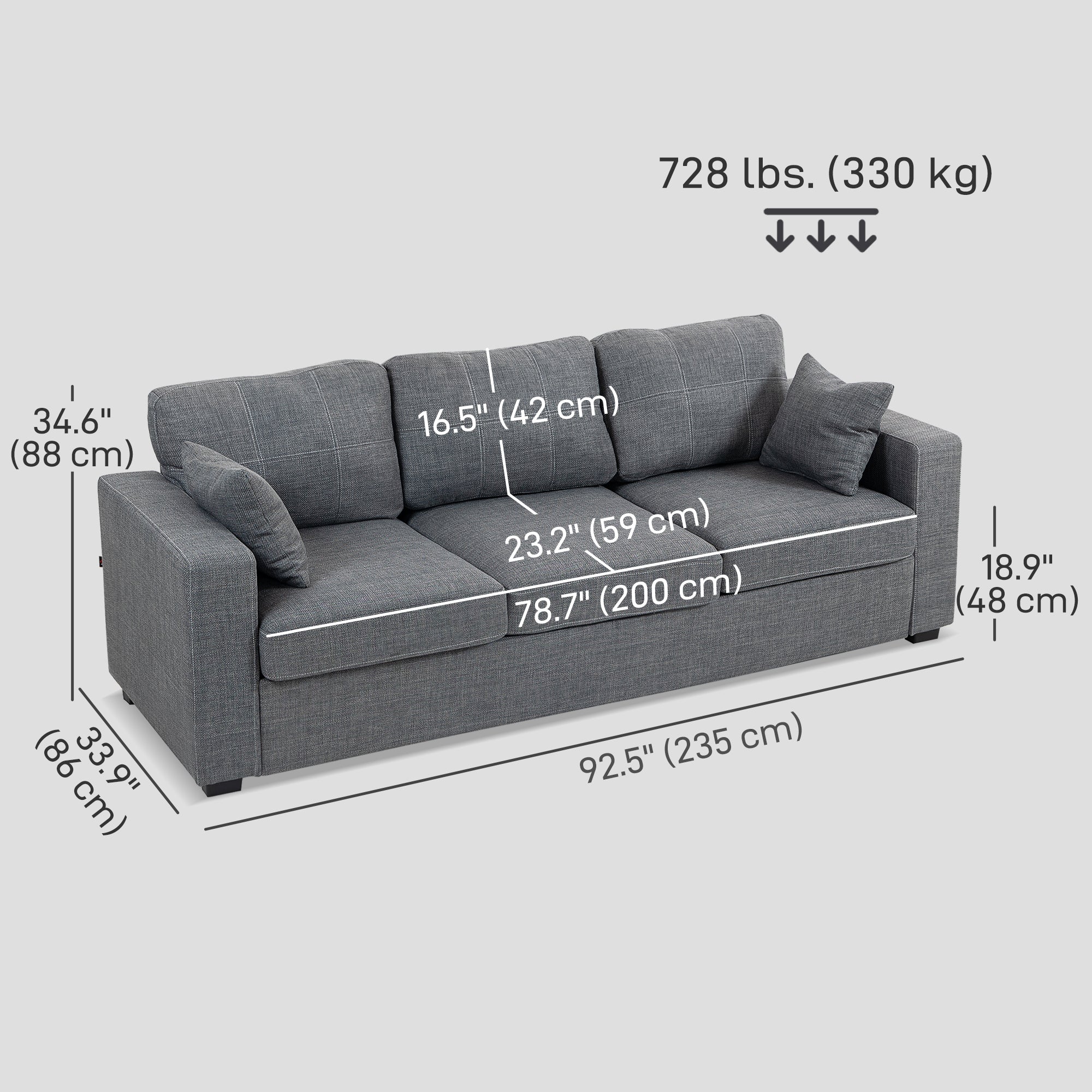 NAPLES Modern Upholstered Couch, 3 Seater Sofa with Thick Spring Cushions and Deep Seat for Living Room, Dark Grey