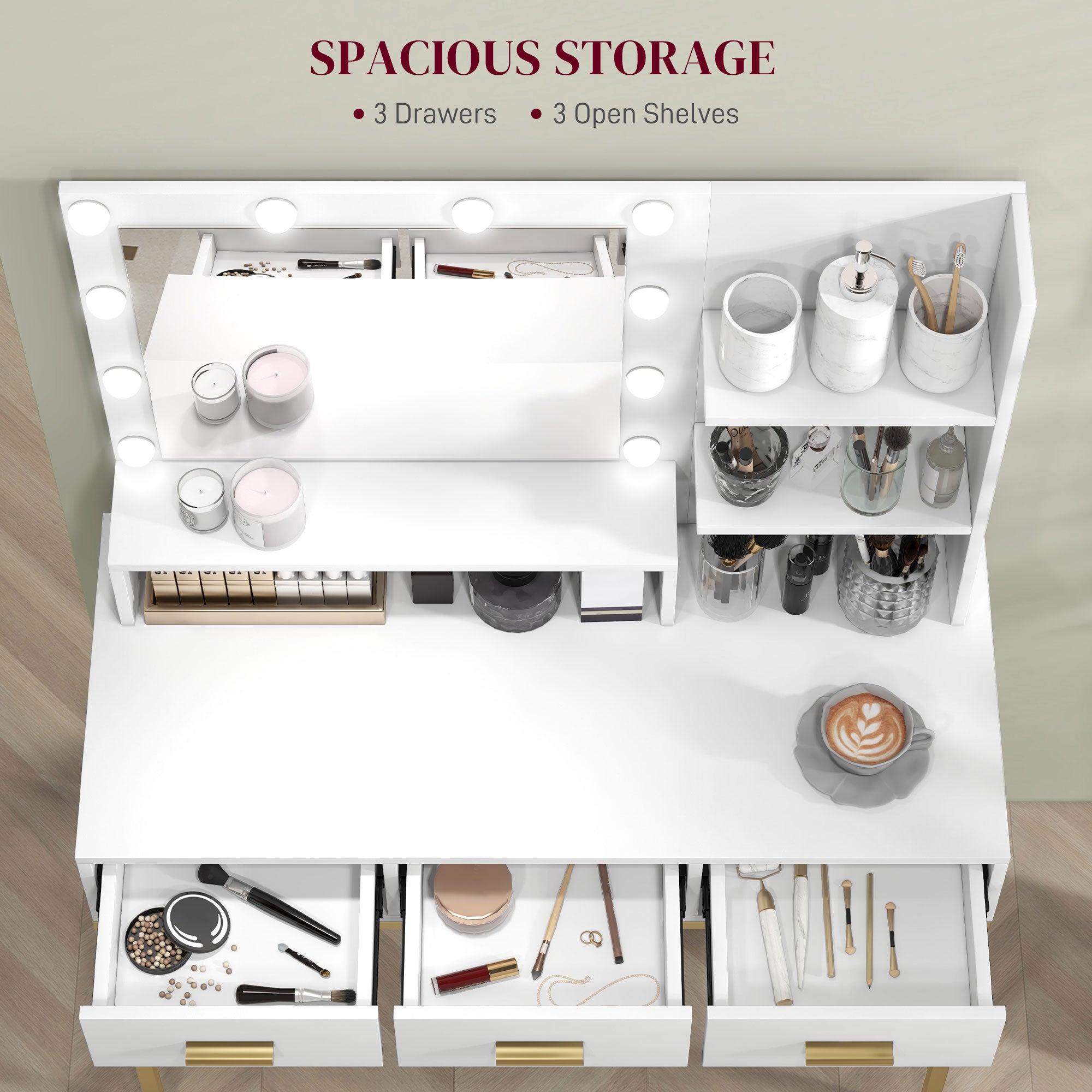 Sophia Illuminated Dressing Table, LED Vanity Table with Mirror, 3 Drawers and Storage Shelves for Bedroom, White