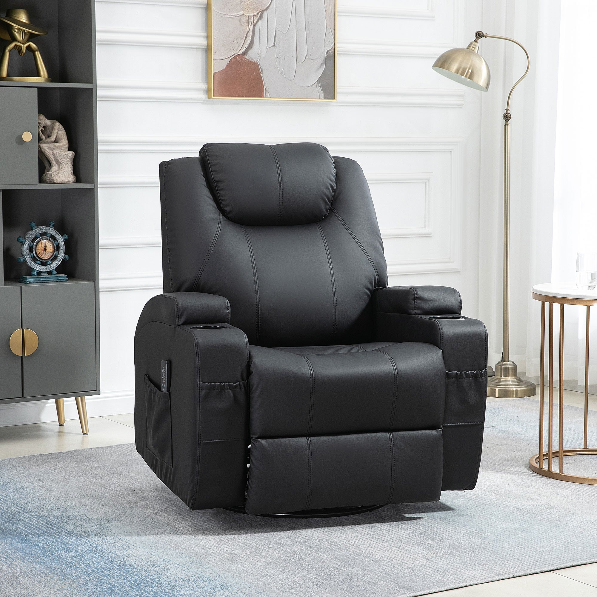 Brady Massage Recliner Chair, Swivel Nursery Rocker Chair, Manual Reclining Sofa with 8 Vibration Points, PU Leather, Cup Holders, Side Pockets, for Living Room, Black