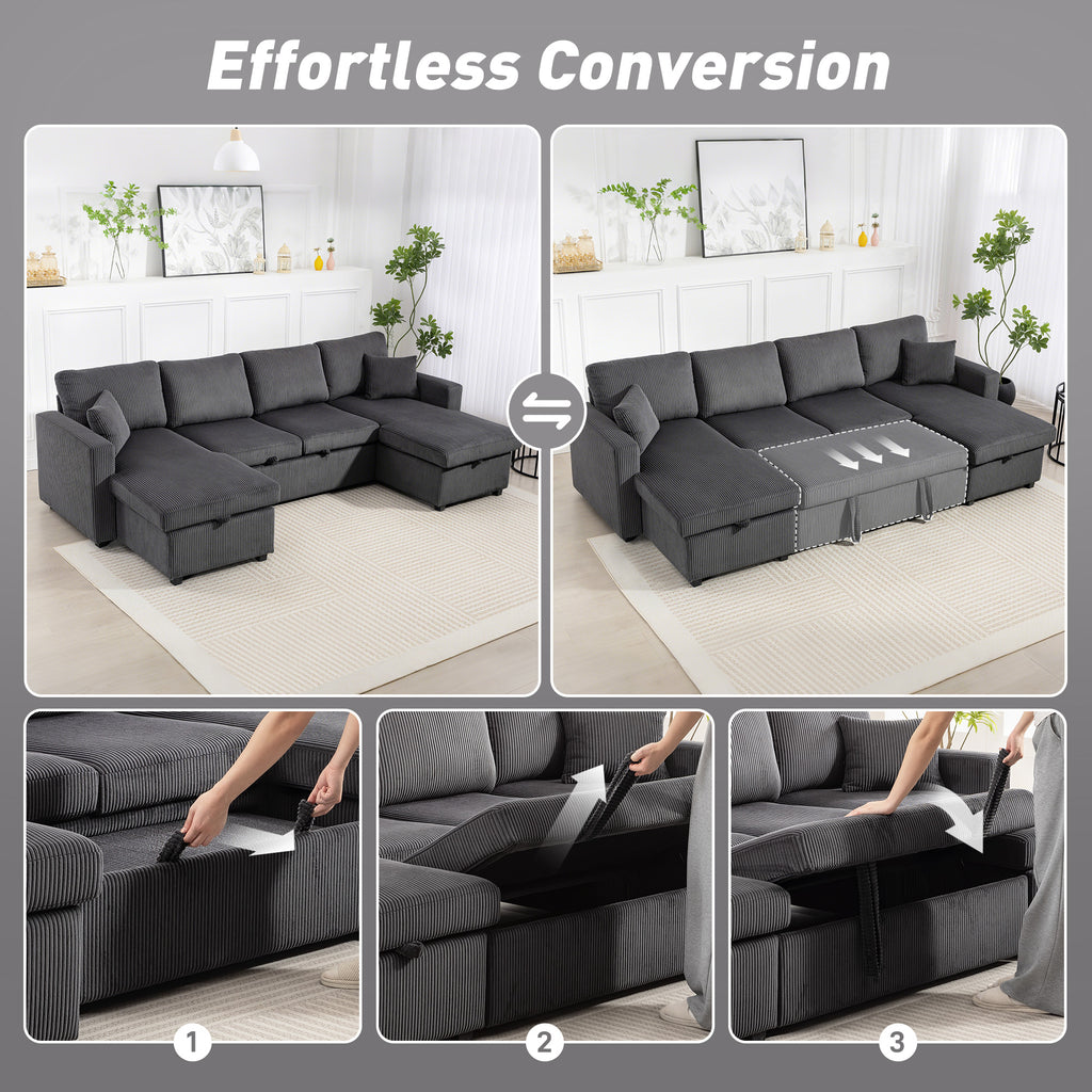 Theo Convertible Sofa Bed, Corduroy U-Shaped Sleeper Sofa Couch with Storage Chaise, Pillows, Spring, Futon Couch, Grey