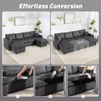 Theo Convertible Sofa Bed, Corduroy U-Shaped Sleeper Sofa Couch with Storage Chaise, Pillows, Spring, Futon Couch, Grey