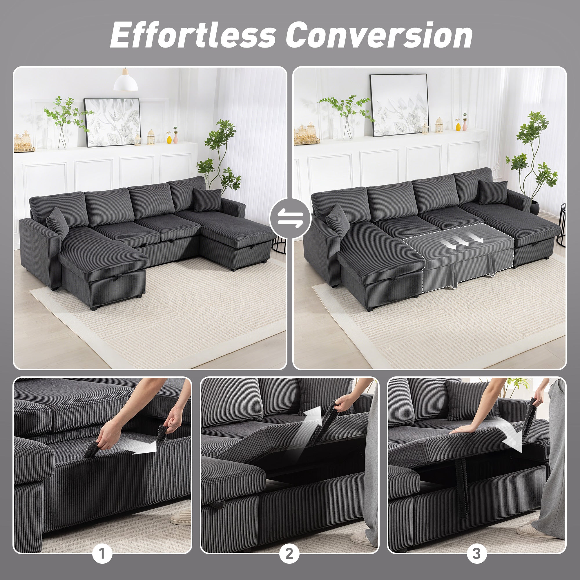 Theo Convertible Sofa Bed, Corduroy U-Shaped Sleeper Sofa Couch with Storage Chaise, Pillows, Spring, Futon Couch, Grey