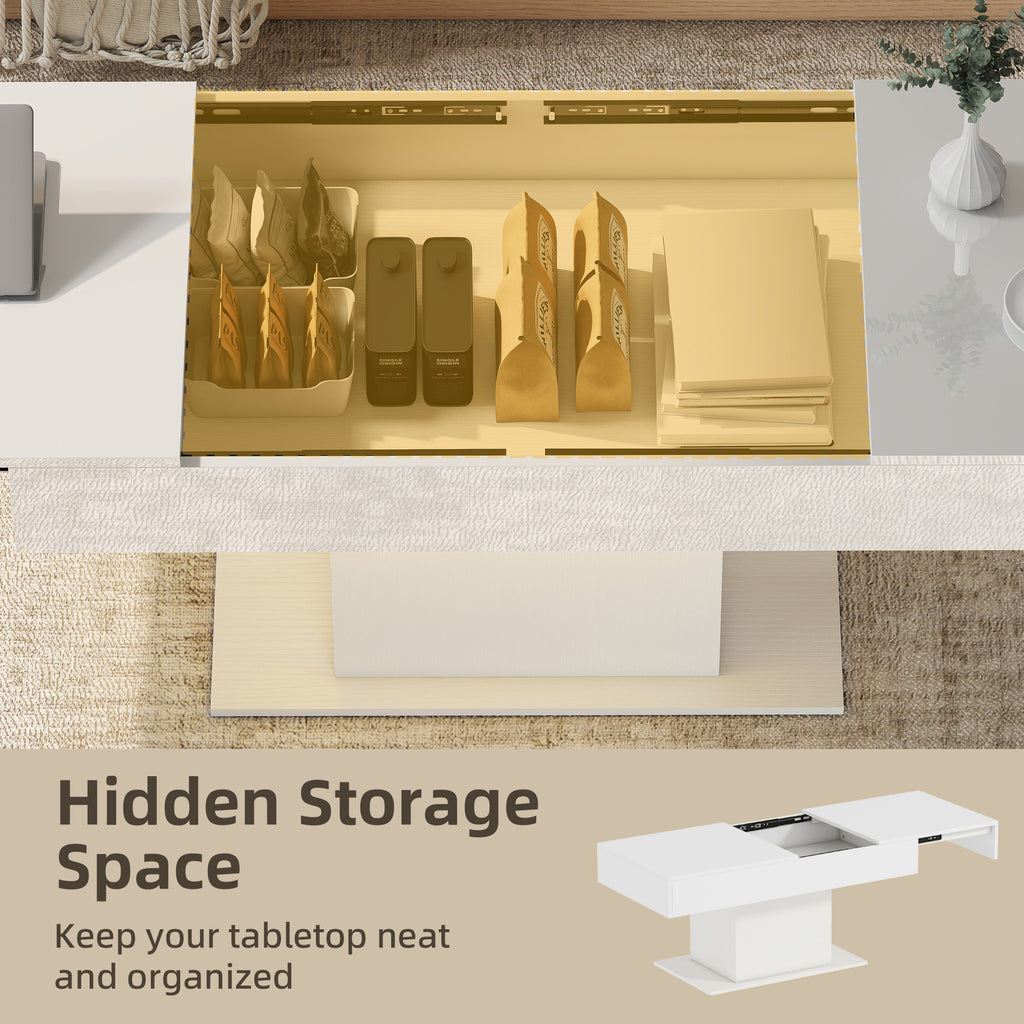 Bryce Extendable Coffee Table with LED Lights, Modern High Gloss Center Table with Hidden Storage for Living Room, White