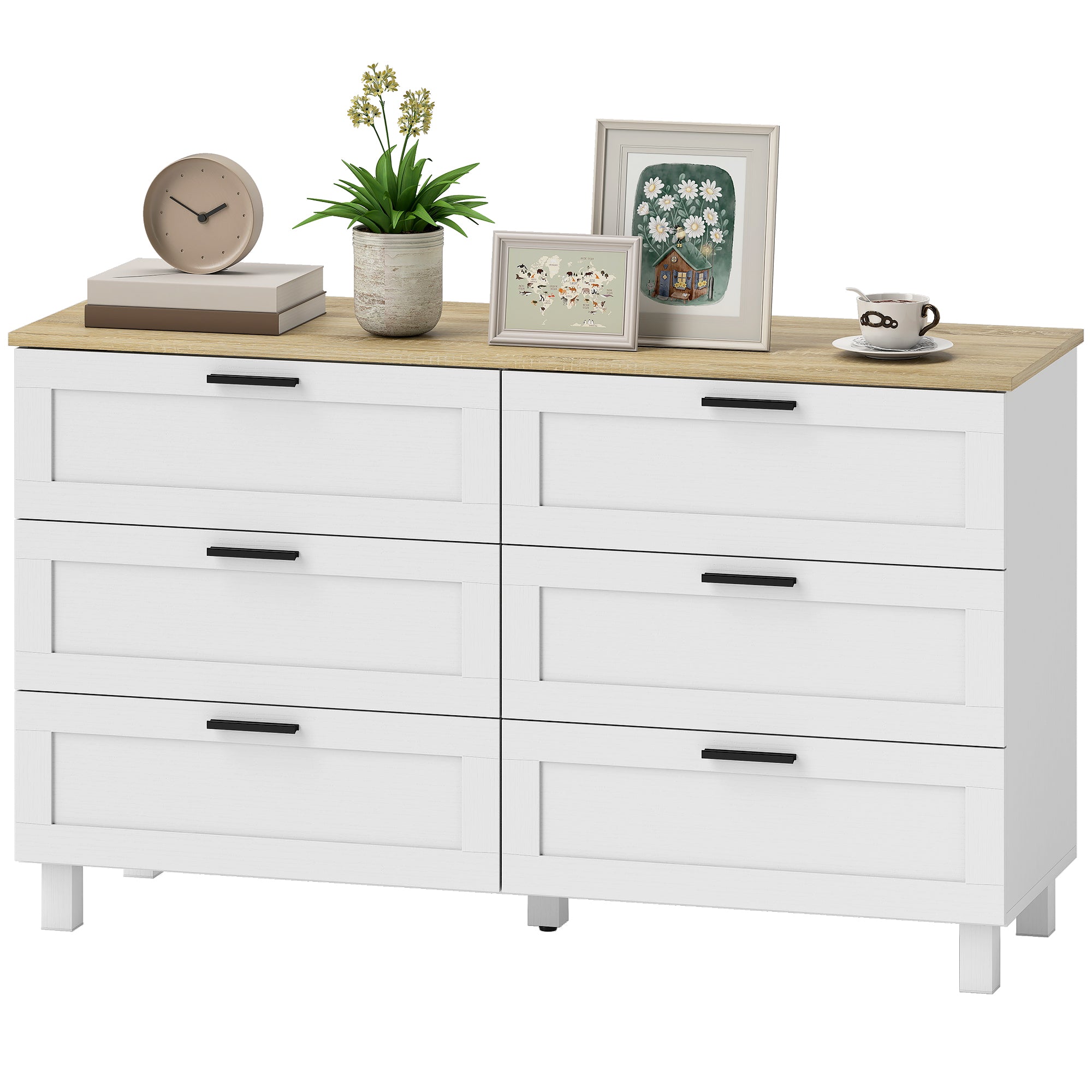 Martha 47" Wide Modern Dresser with 6 Drawers and Wood Legs for Bedroom, Living Room, Entryway, White