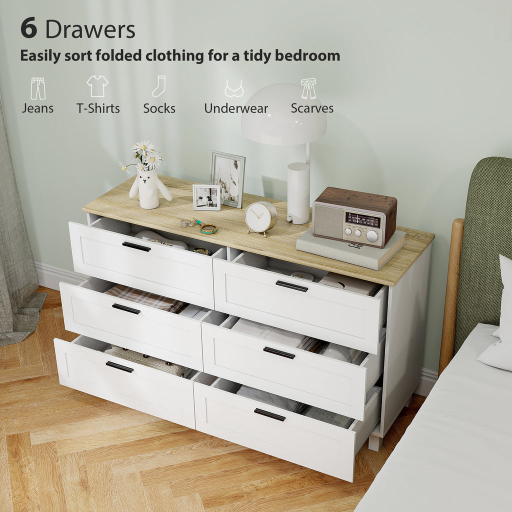 Martha 47" Wide Modern Dresser with 6 Drawers and Wood Legs for Bedroom, Living Room, Entryway, White