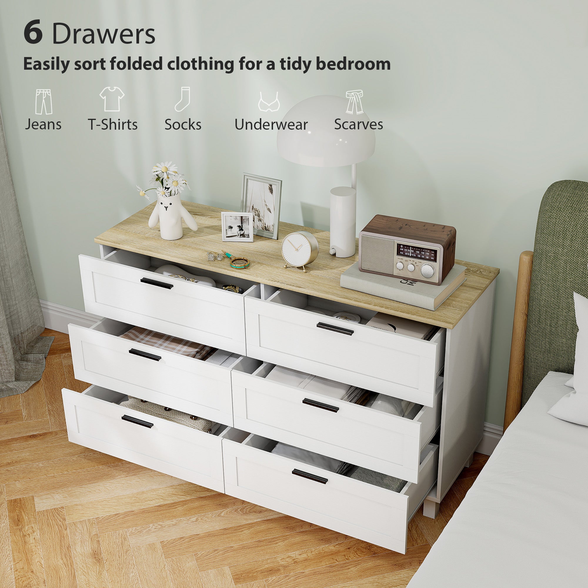 Martha 47" Wide Modern Dresser with 6 Drawers and Wood Legs for Bedroom, Living Room, Entryway, White