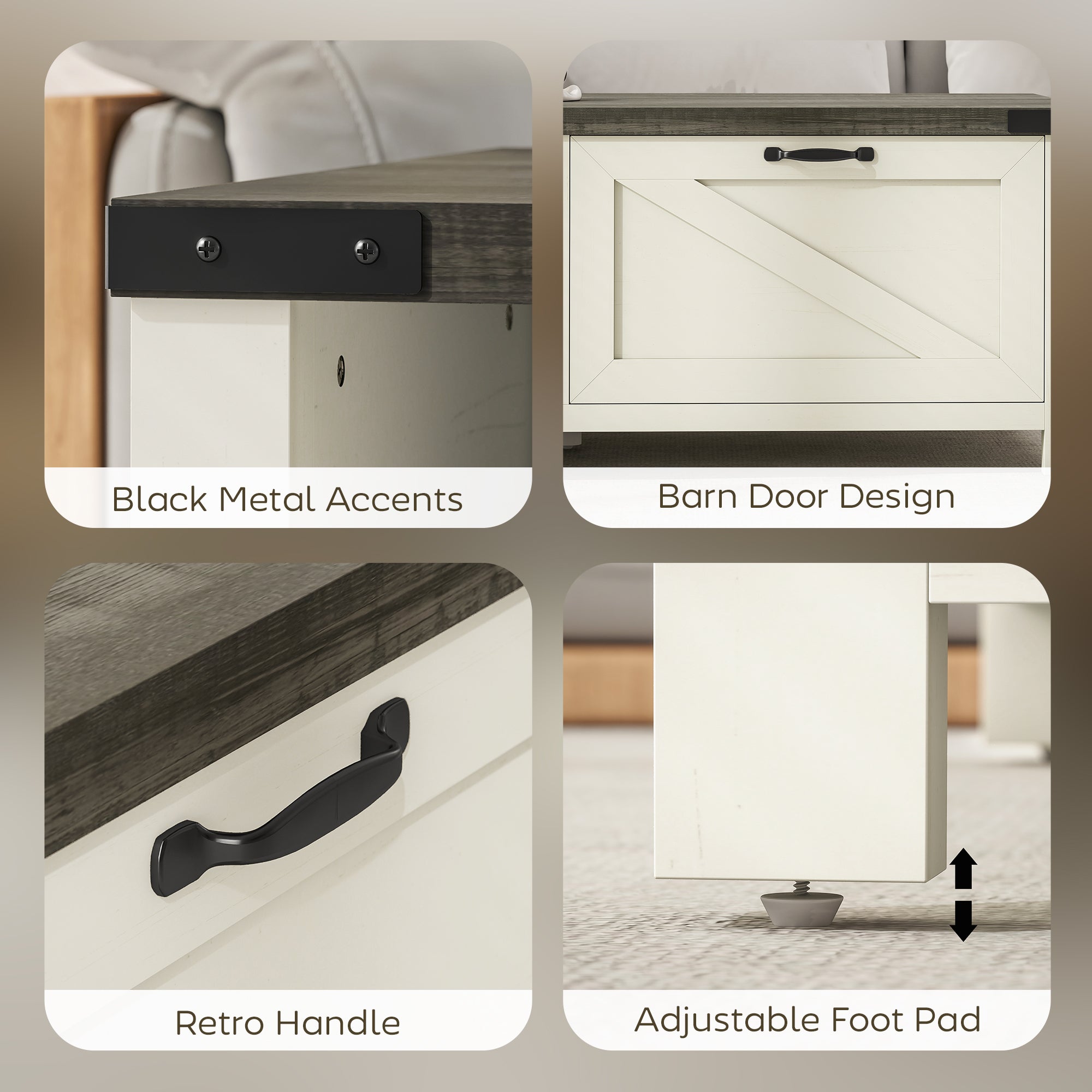 Lowen Farmhouse Coffee Table with Drawer, Open Storage Shelf for Living Room, Dining Room, Office, Distressed White