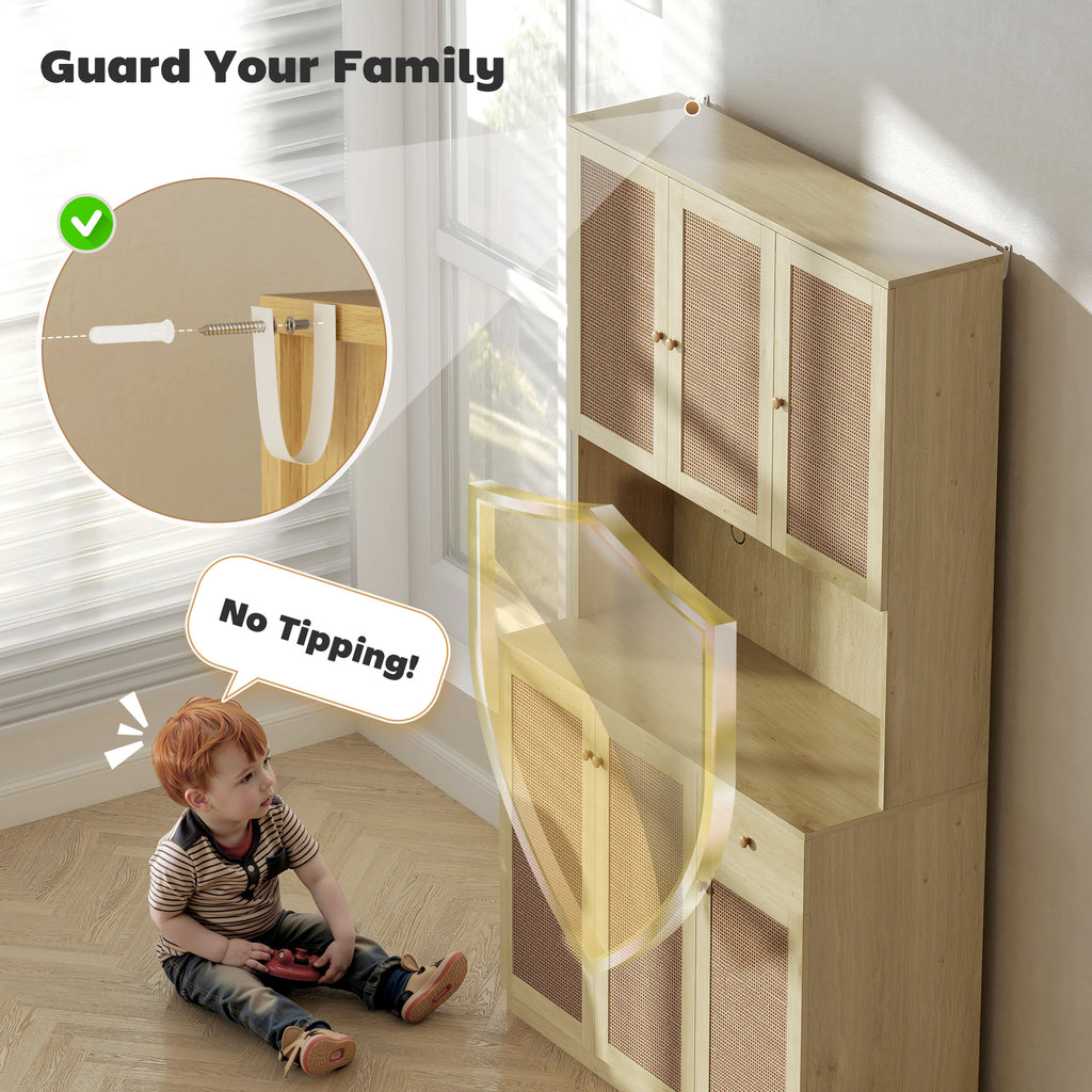 Milan Kitchen Hutch with Microwave Countertop, 71" Boho Kitchen Pantry Cabinet with Decorative Rattan Doors, Natural